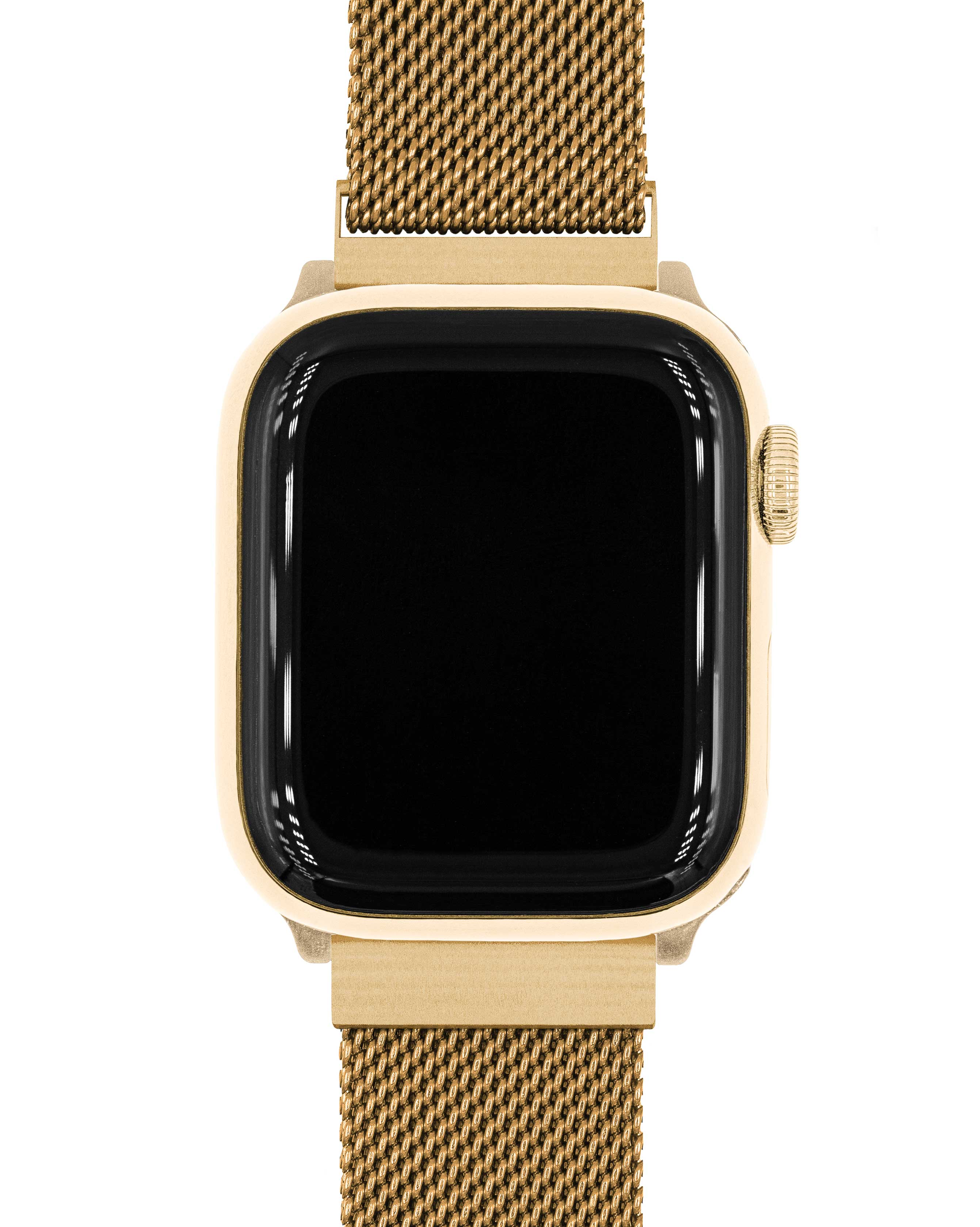 Goldene Smartwatch mit schwarzem Bildschirm und Mesh-Armband auf weißem Hintergrund.