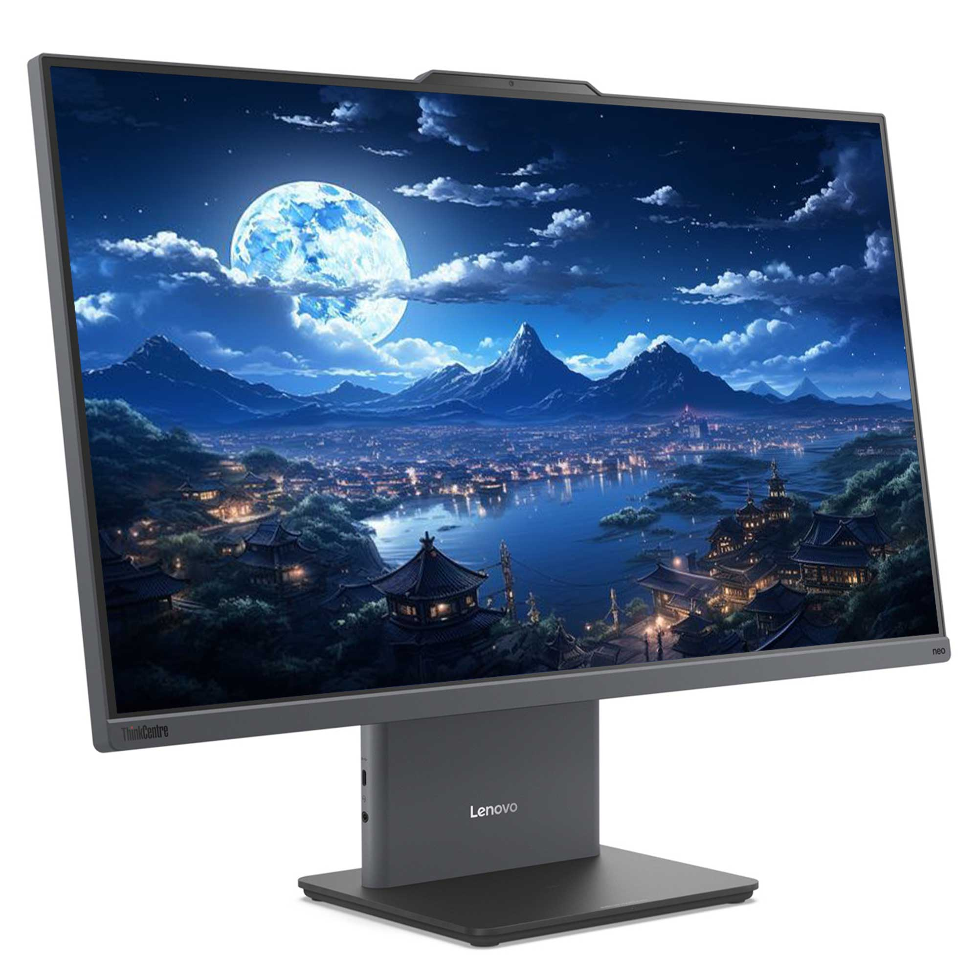 Bir Lenovo monitörü, dolunay, dağlar ve bir şehir ile gece manzarasını gösteriyor.