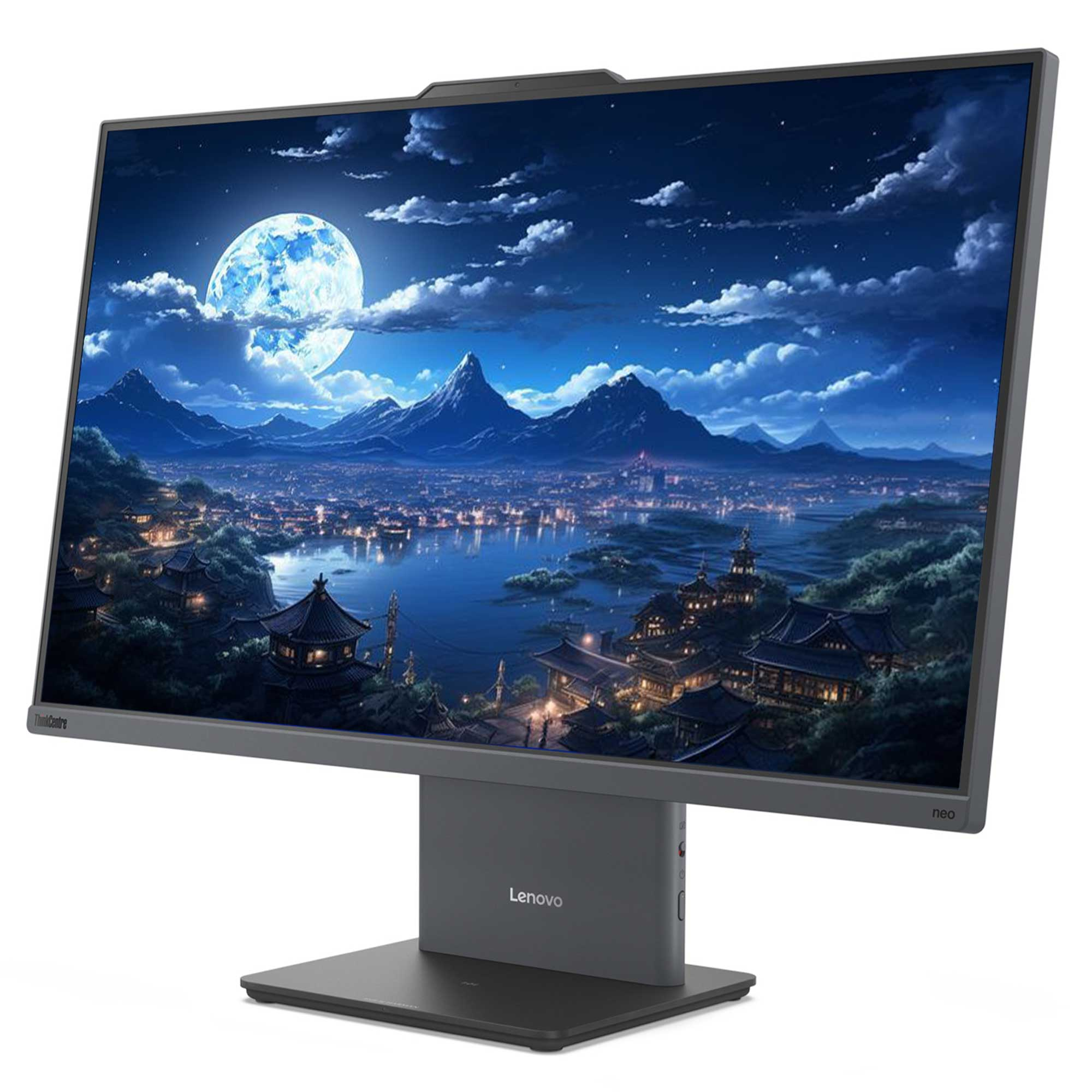 Bir Lenovo ThinkCentre monitörü, dolunay, dağlar, bir göl ve binalarla bir gece sahnesi görüntülüyor.