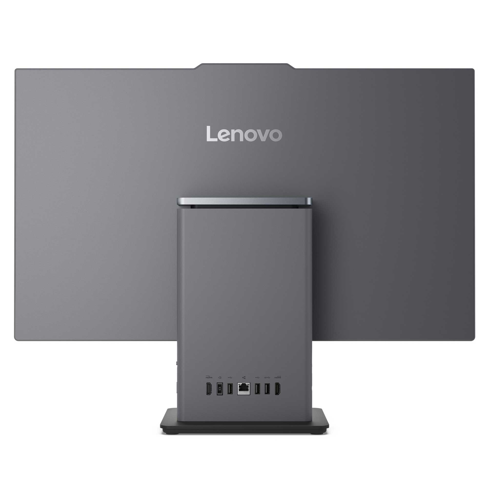 Gri renkli bir Lenovo hepsi bir arada bilgisayarın arka görünümü. Ekranında Lenovo logosu var. Alt kısımda bağlantı noktaları görünür.
