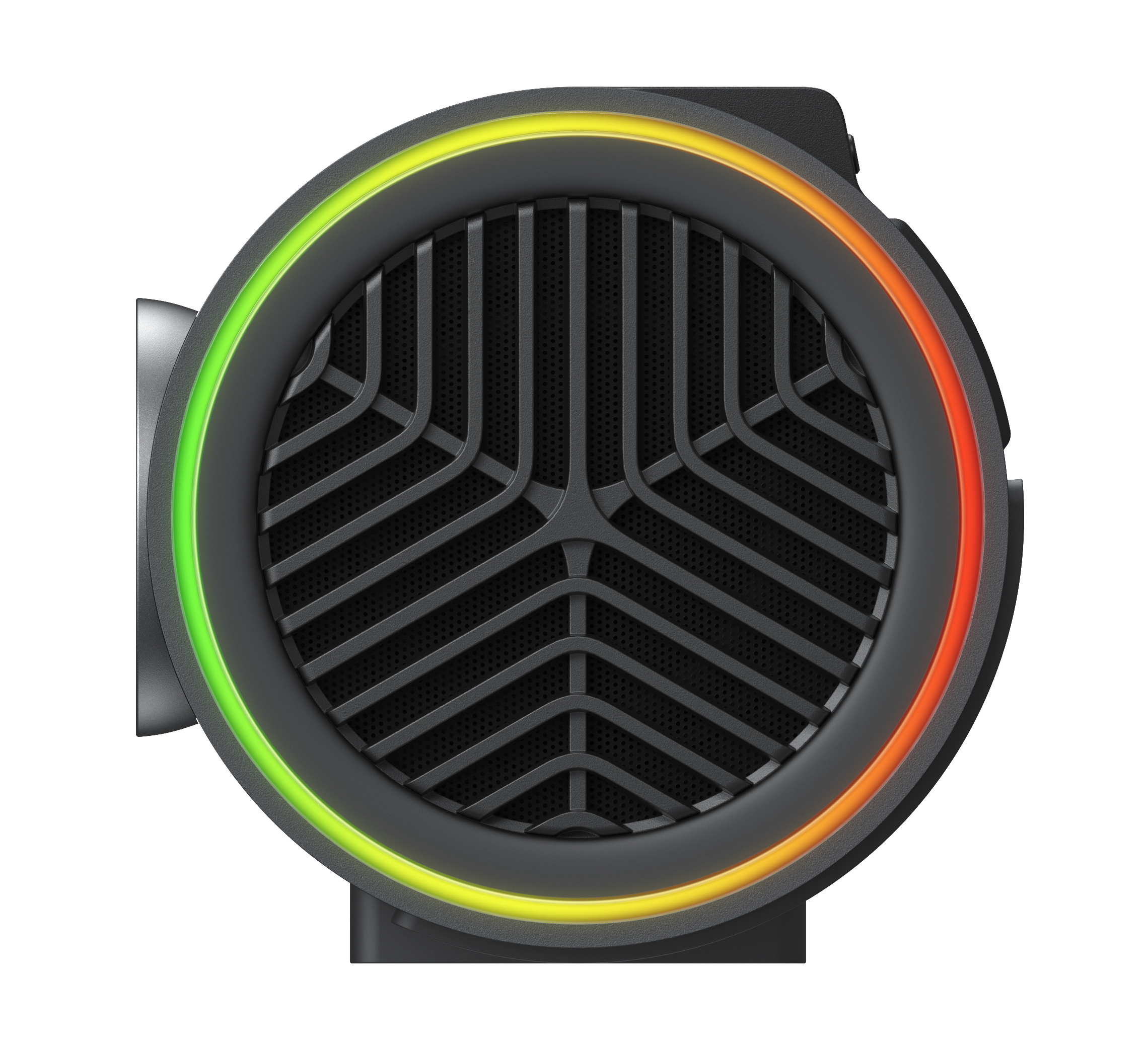 Nahaufnahme eines kreisförmigen schwarzen Lüfters mit einem bunten LED-Ring. Der Ring geht von Grün über Gelb zu Orange über.