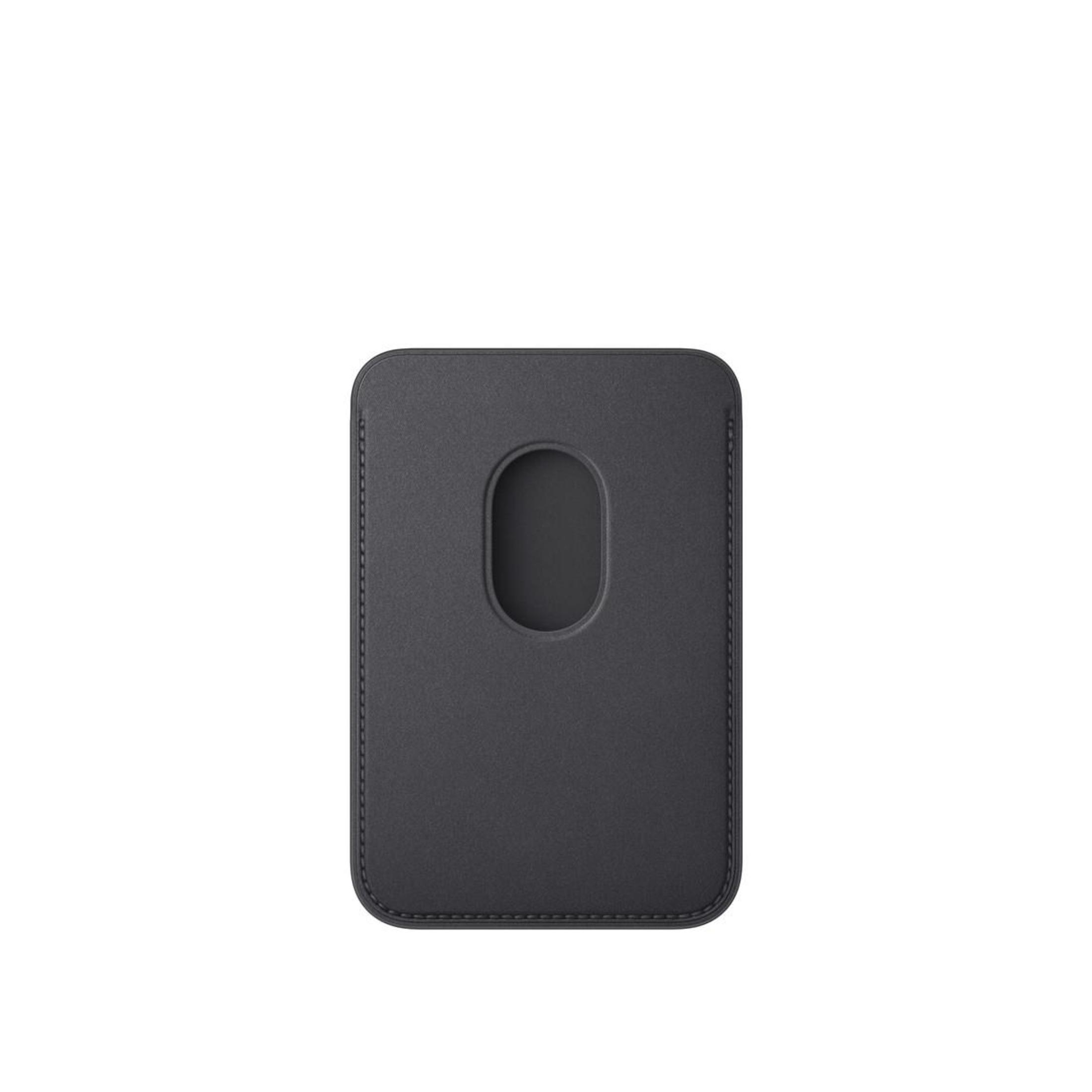 A dark gray leather card holder with a vertical oval cutout. The background is plain white.