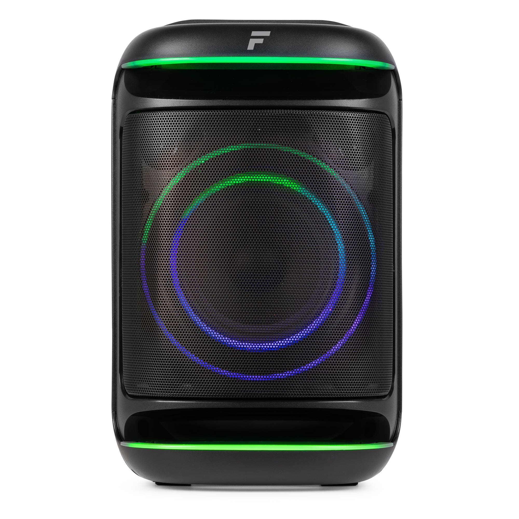 Altavoz negro con luces circulares verdes y azules. Se ve un logotipo blanco F en la parte superior. El altavoz tiene una parte frontal de malla.