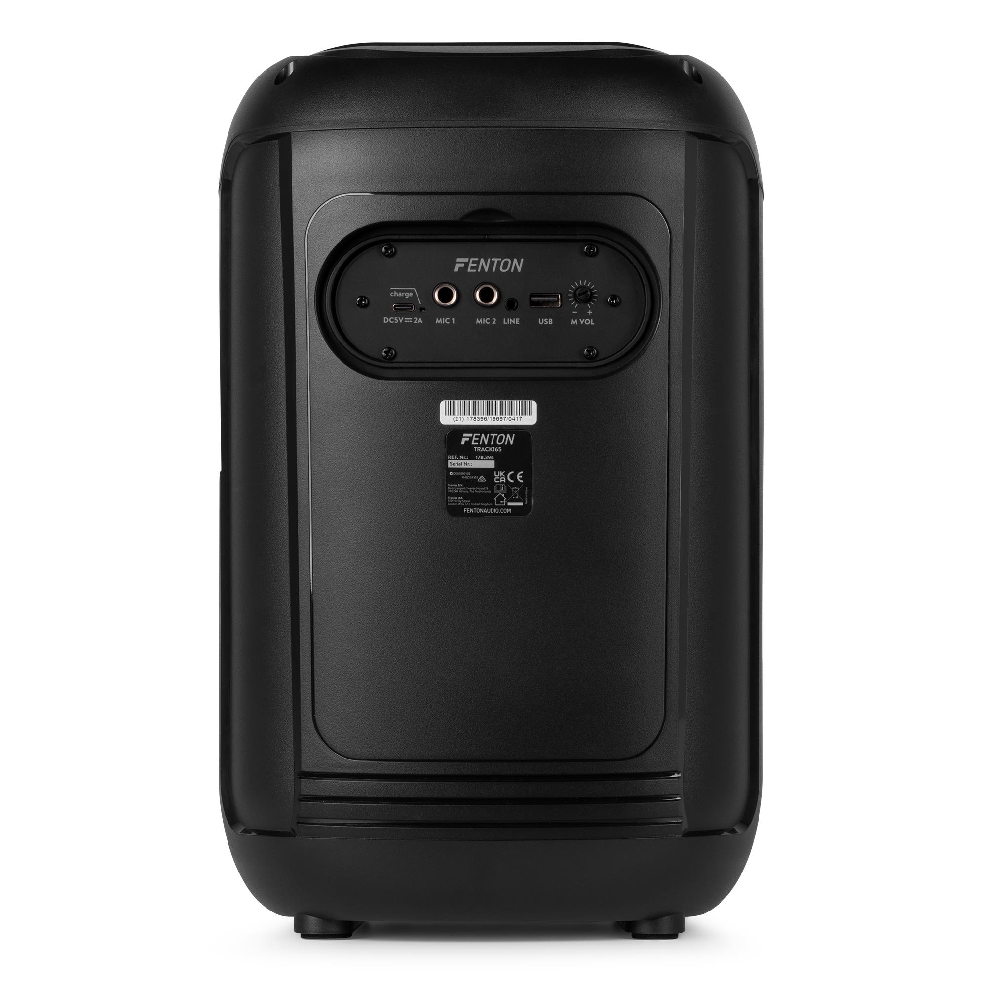Parte trasera del altavoz Fenton negro con controles y etiquetas. Incluye puertos, un puerto USB y control de volumen.