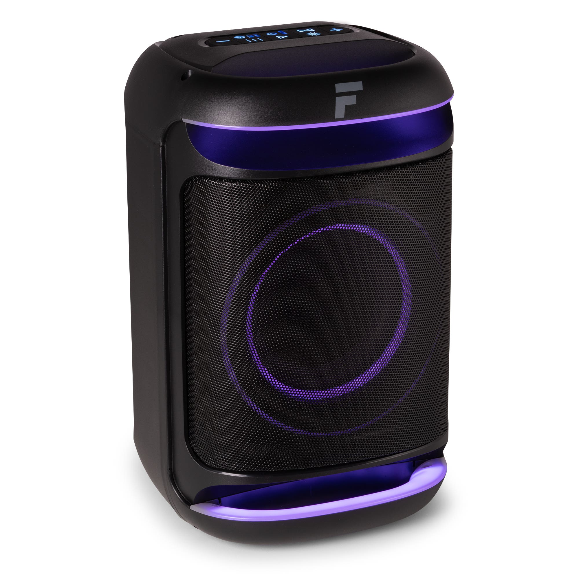 Altavoz negro con acentos de luz púrpura, frontal de malla y panel de control superior. Tiene el logo 'IL'.