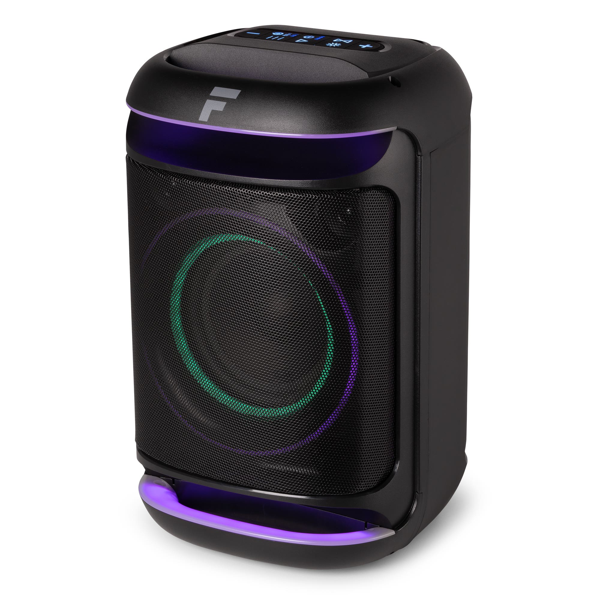 Un altavoz negro con detalles en verde neón y morado. Tiene una parte frontal de malla y controles en la parte superior.
