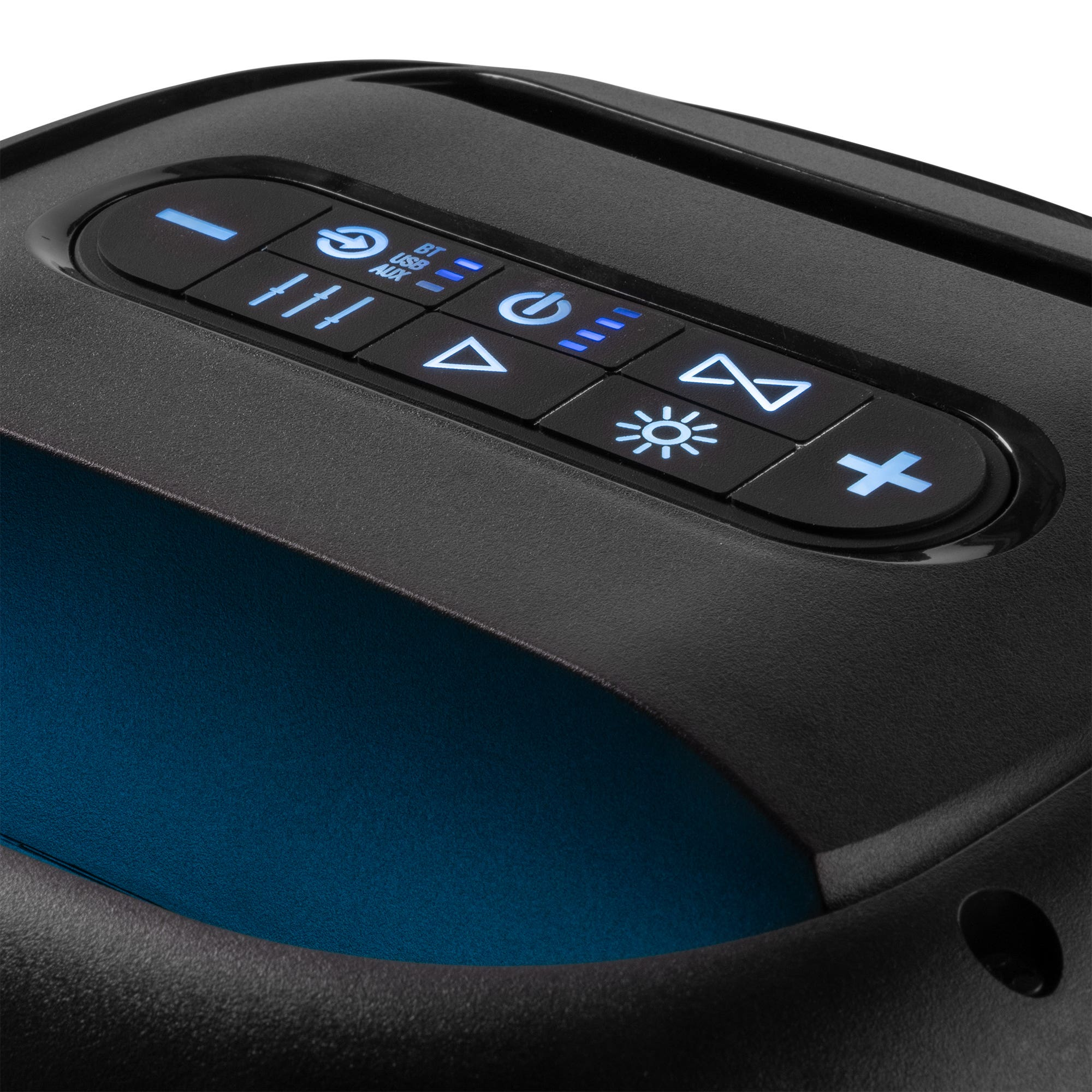 Primer plano del panel de control de un altavoz negro con iconos azules iluminados para volumen, energía y conectividad.