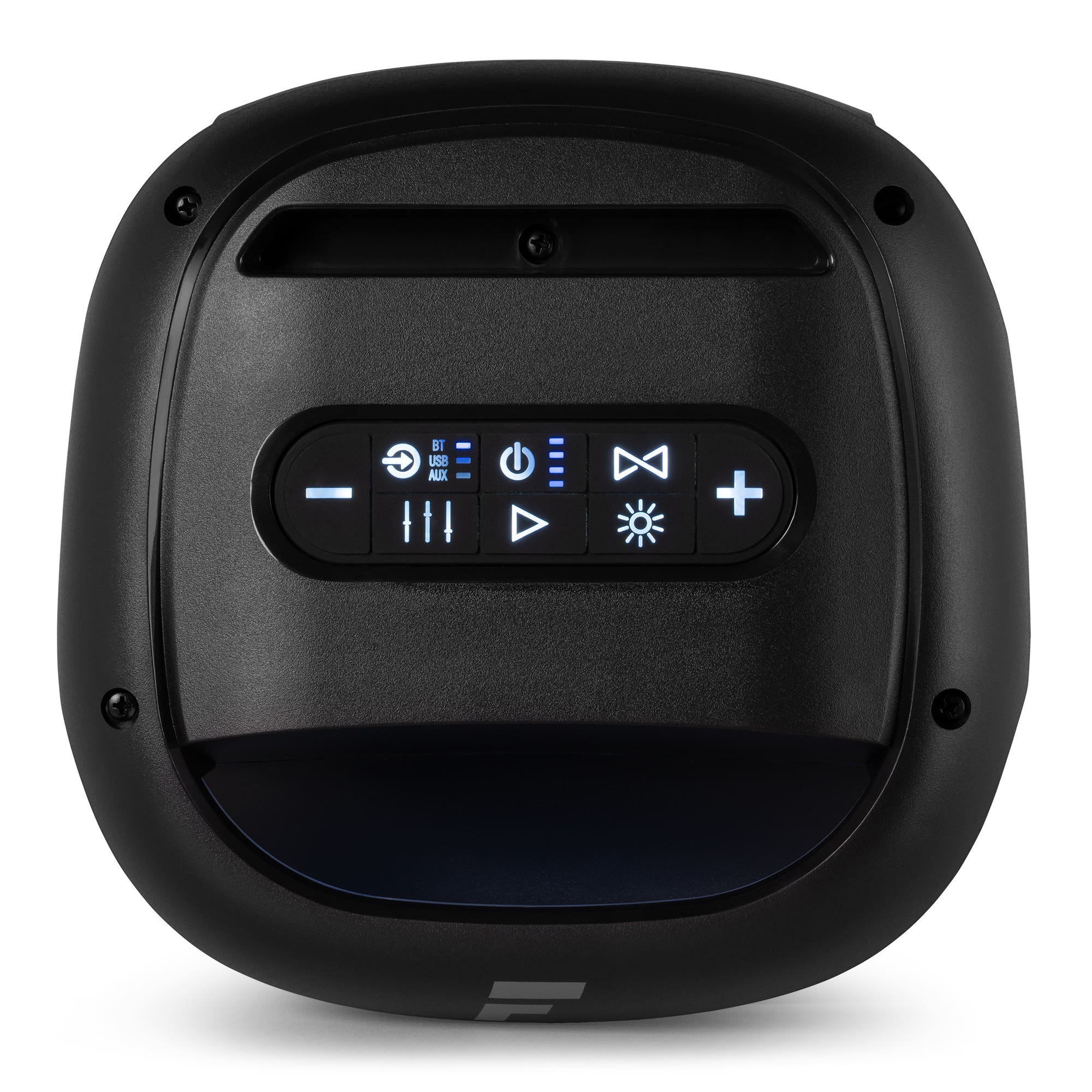 Primer plano de un altavoz negro con botones de control iluminados. Incluye iconos de encendido, volumen y selección de funciones.