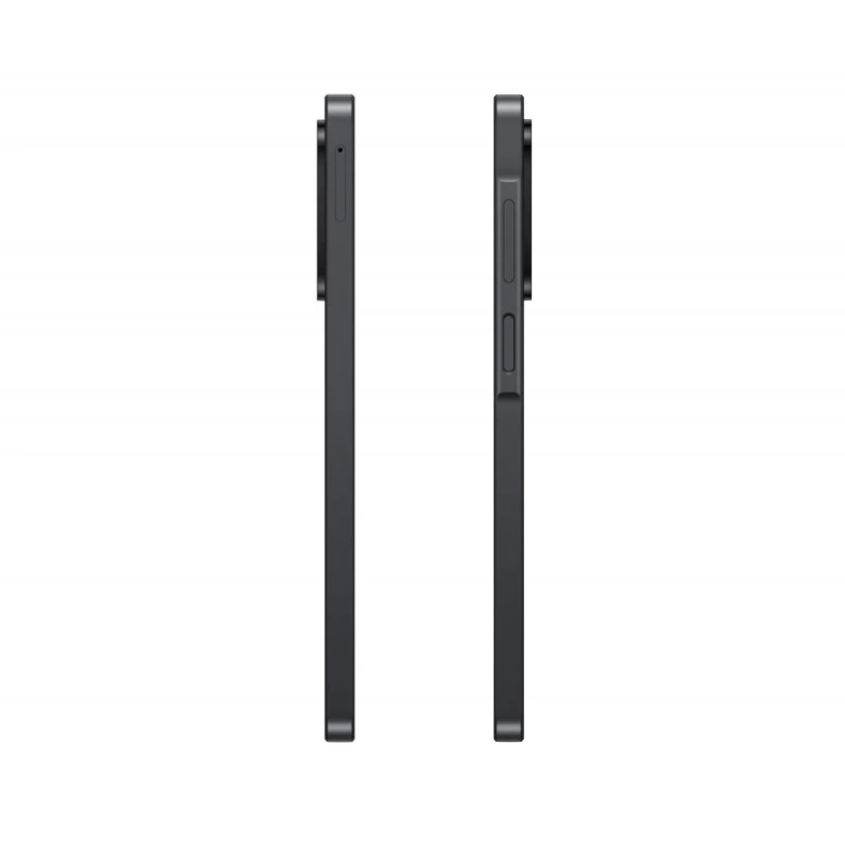 Two black smartphones, side view, against a white background. One shows the camera and the other shows the volume buttons.