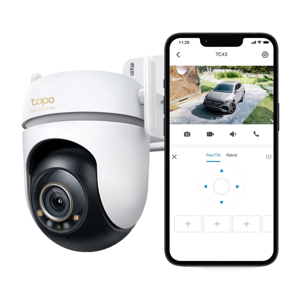 Biała i czarna kamera bezpieczeństwa Tapo obok telefonu z samochodem. Telefon ma opcje sterowania.