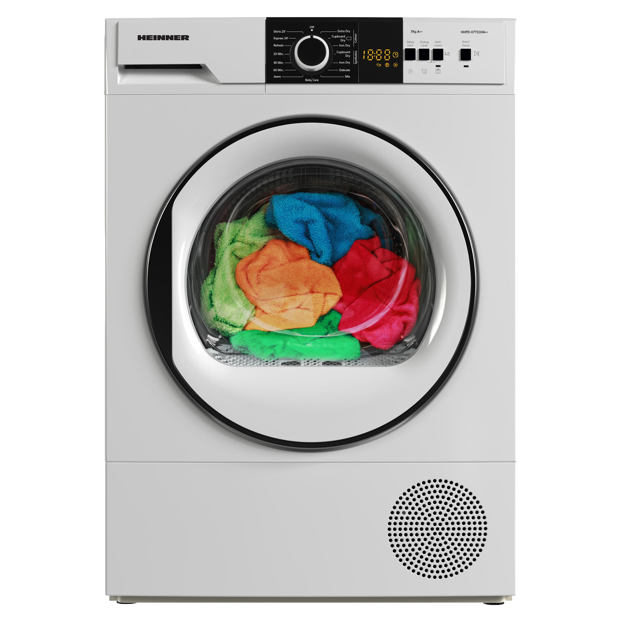 A white dryer with colorful clothes inside. It has a digital display and control panel.