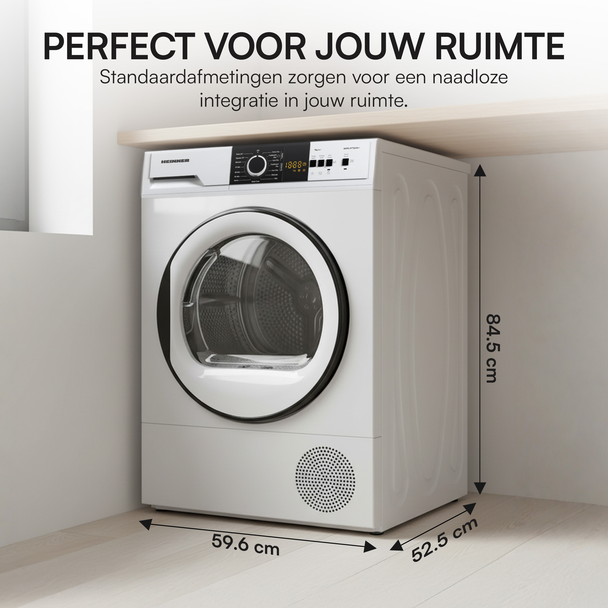 A white dryer with dimensions labeled. Text above reads 'Perfect voor jouw ruimte.' The dryer has a digital display.