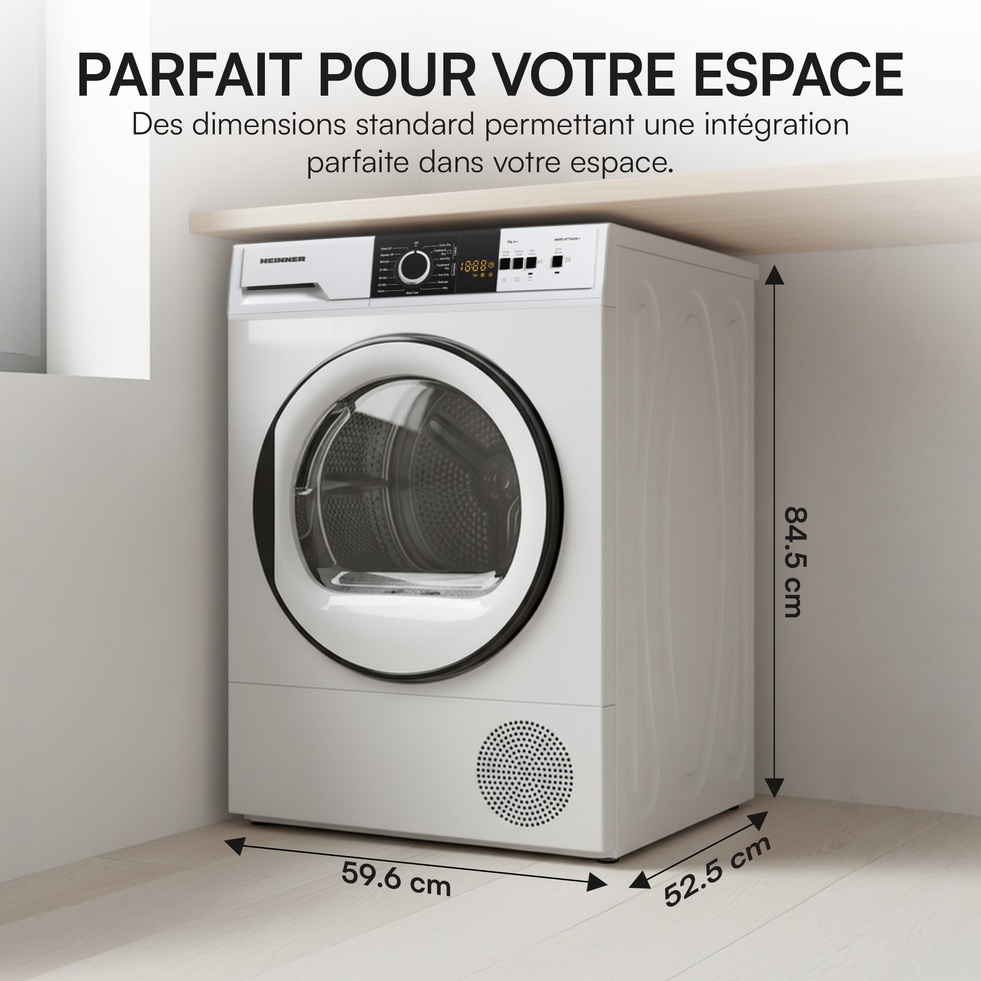 Un sèche-linge Heinner blanc avec dimensions étiquetées. Le texte en haut dit : parfait pour votre espace.