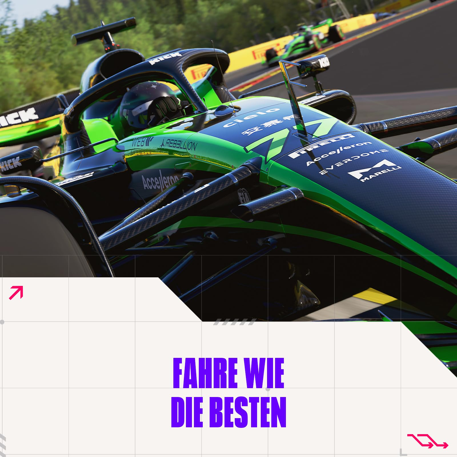Ein grünes und schwarzes Rennauto rast auf einer Rennstrecke. Das Auto hat Sponsorenlogos. Der Text "FAHRE WIE DIE BESTEN" steht unten.