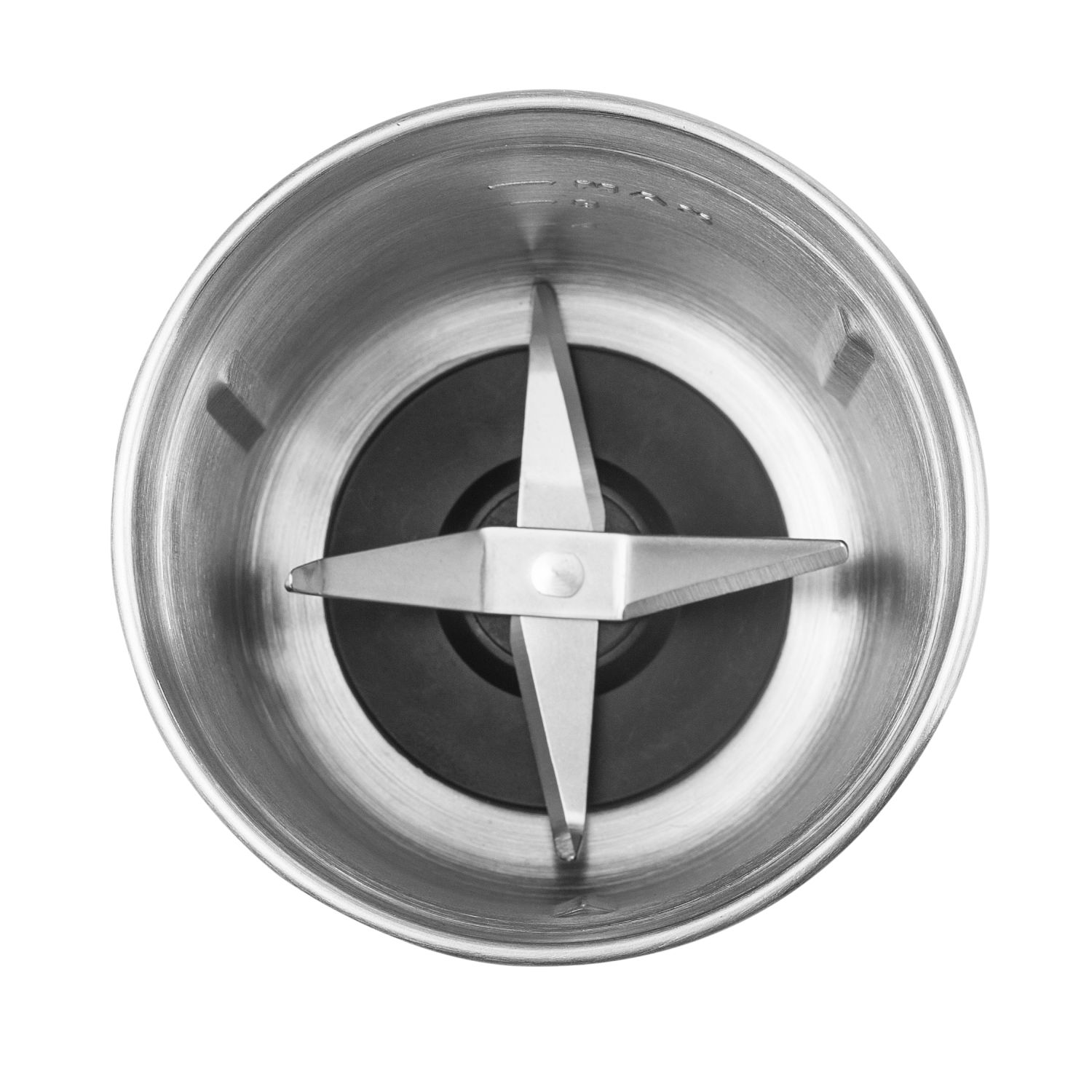 Top-down view of a blender blade assembly. A silver metal container holds a black rubber base. Four blades are centered.