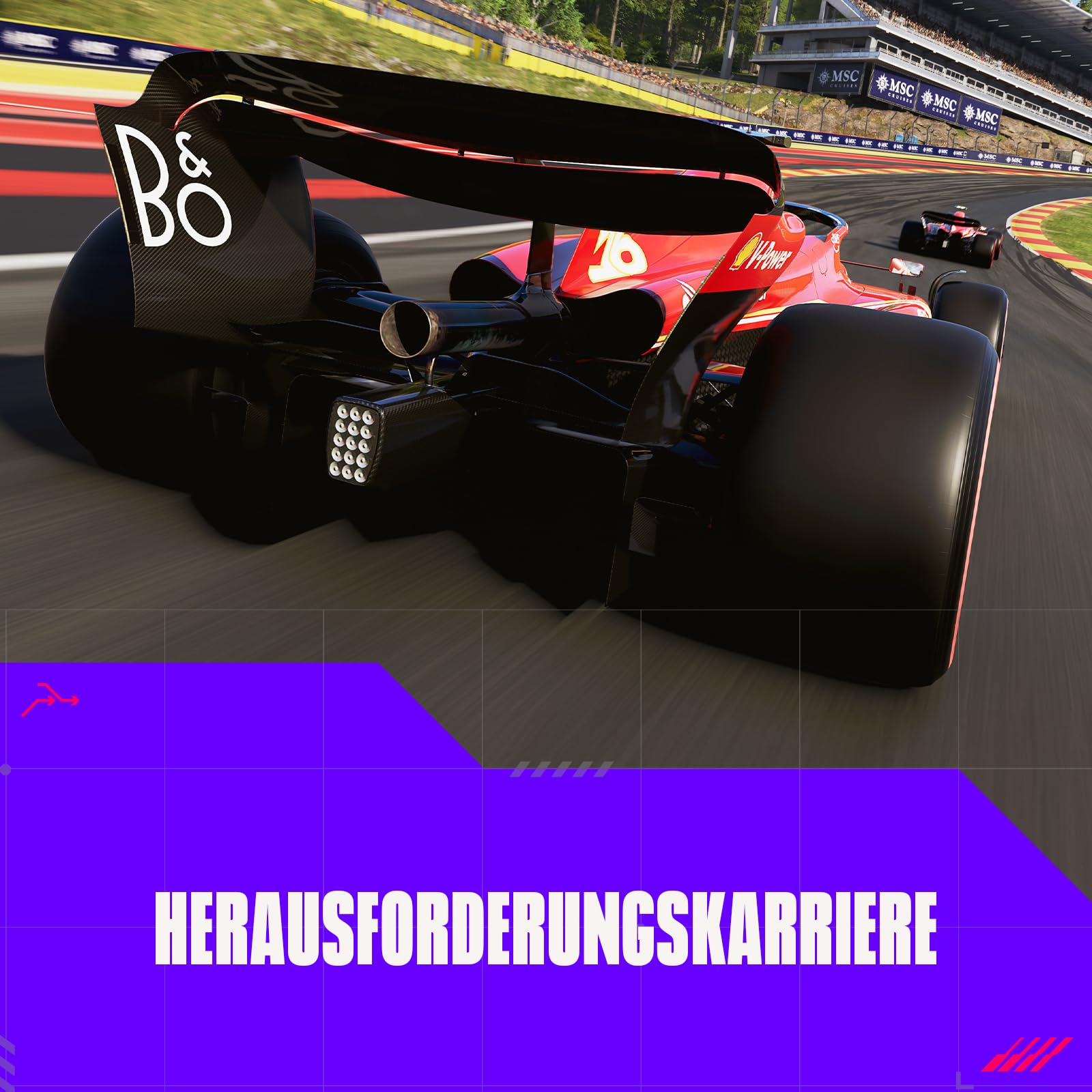 Ein rotes Formel-1-Auto fährt auf einer Rennstrecke. Das Auto hat schwarze Reifen und einen Heckflügel mit weißer Schrift. Ein anderes Auto ist im Hintergrund.
