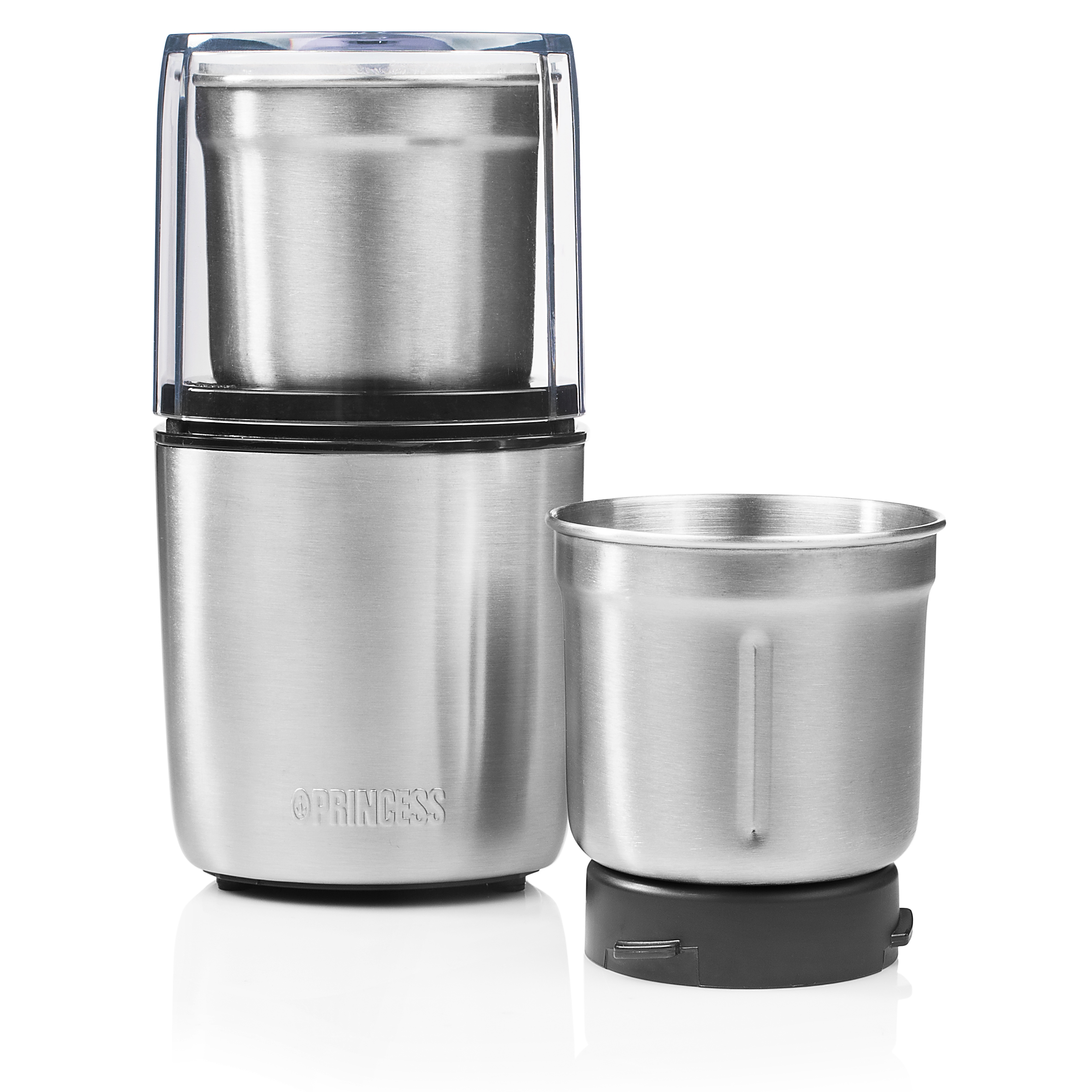 A stainless steel coffee grinder with two parts, one separate. The brand name is visible.