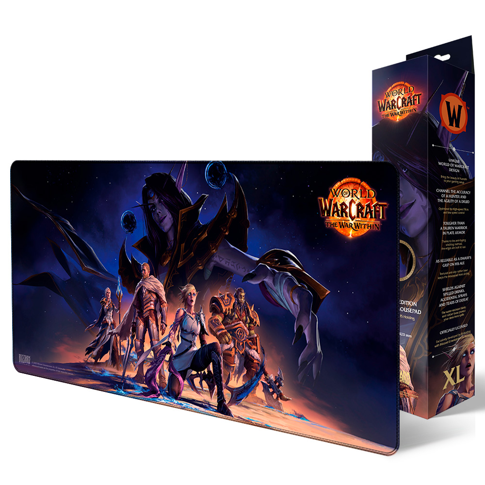 Ein World of Warcraft-Mauspad und -Box mit Kunstwerken von Charakteren in einem Sternenhimmel.