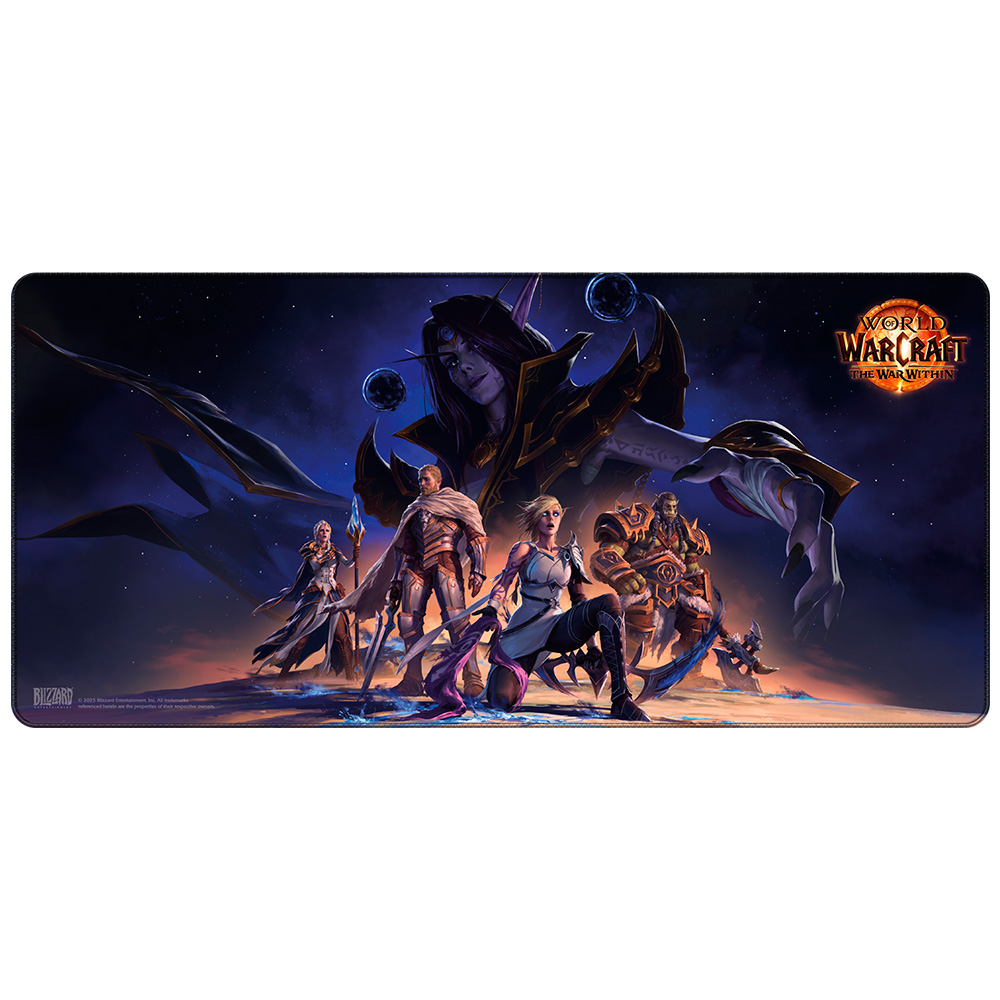 World of Warcraft: The War Within-Kunstwerk. Charaktere stehen vor einer weiblichen Figur. Dunkelblaue und violette Farbtöne dominieren die Szene.