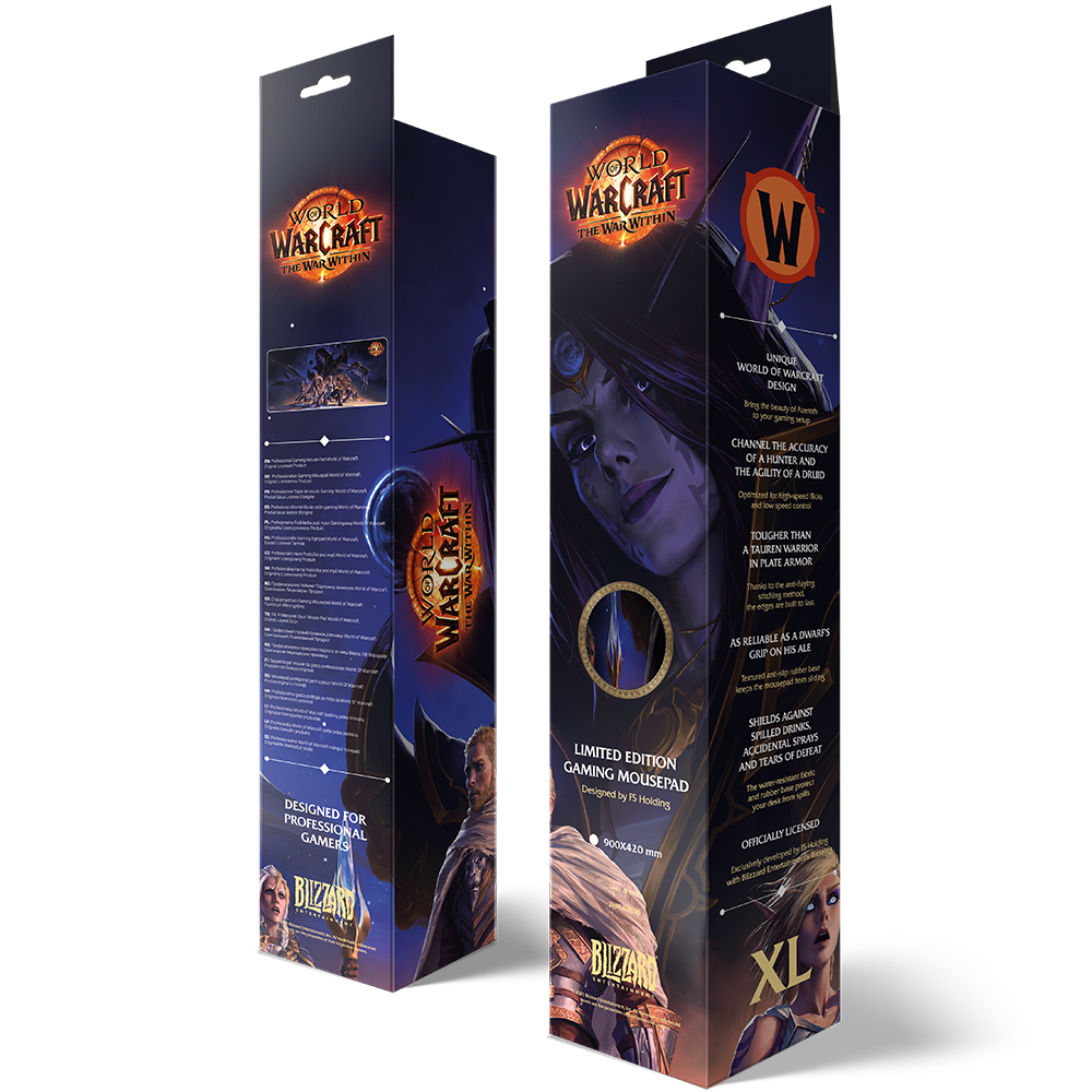 Zwei World of Warcraft-Mauspad-Boxen. Eine zeigt einen Charakter, die andere Spielkunst und Logo.