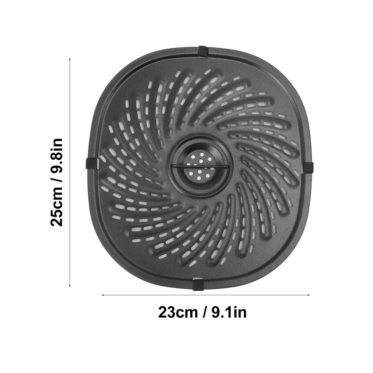 Ein dunkelgrauer Airfryer-Korb. Es hat eine ovale Form mit vielen Löchern und misst 25 cm x 23 cm. Abmessungen auch in Zoll.