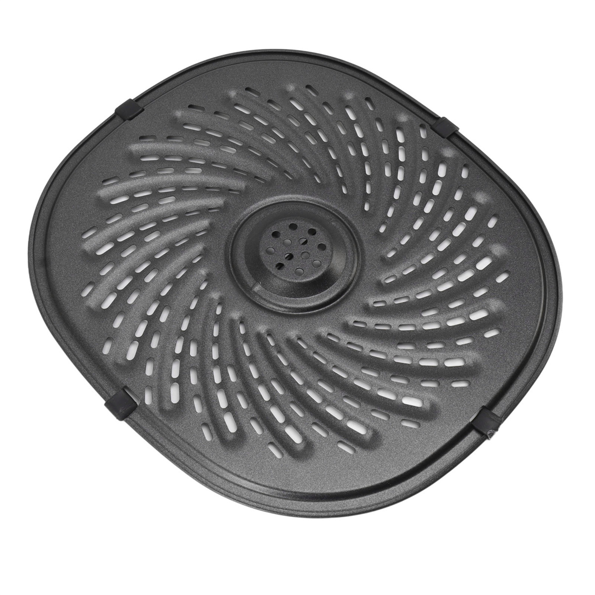 Ein dunkelgrauer Frittierkorb mit ovalen Perforationen in spiralförmigem Muster, einem erhöhten Mittelbereich und schwarzen Clips.