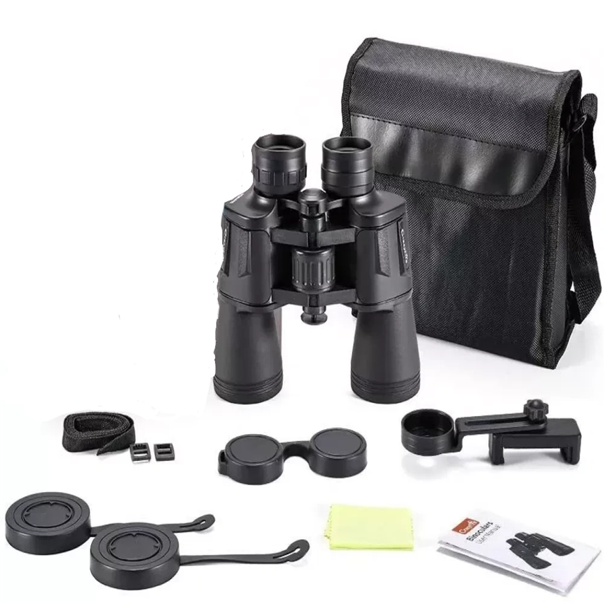 Schwarzes Fernglas mit Zubehör, darunter eine Tasche, Objektivkappen, Gurt, Reinigungstuch und Handbuch, auf weißem Hintergrund.