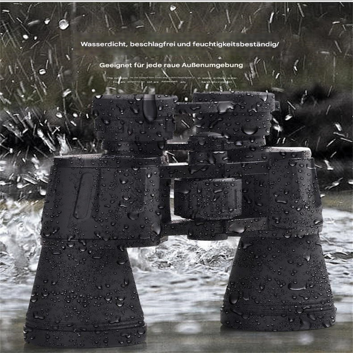 Schwarzes Fernglas mit Wassertropfen bedeckt. Text auf Deutsch besagt, dass es wasserdicht ist und für den Außenbereich geeignet ist.