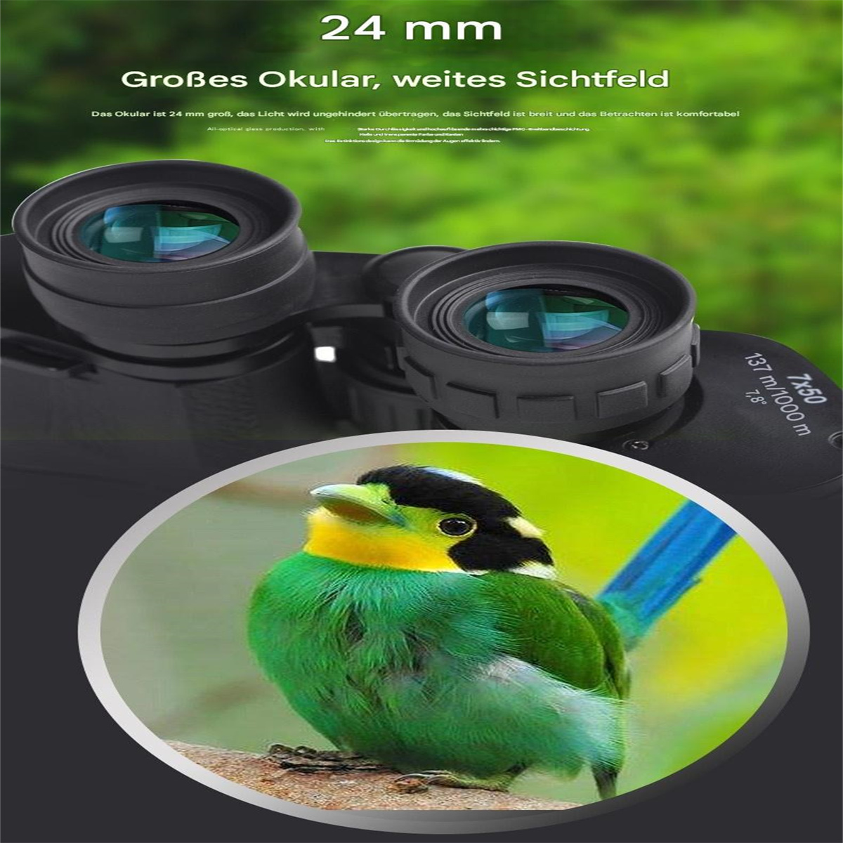 Fernglas mit grünen Linsen und ein Vogel mit grünen und gelben Federn in einem Kreis werden gezeigt.