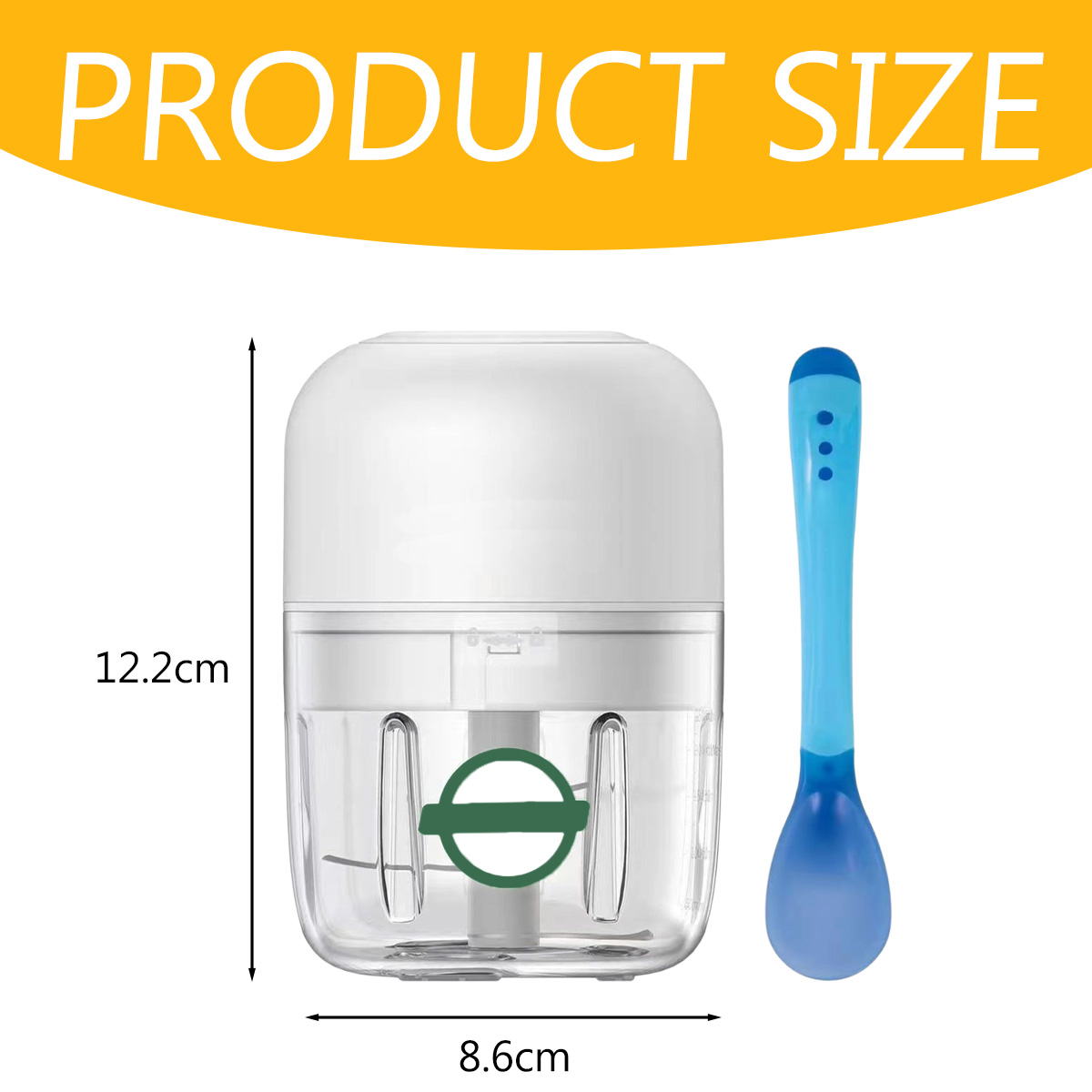 Weißer und transparenter Food Processor mit Maßen. Daneben ein blauer Babylöffel. Der Text oben lautet PRODUKTGRÖSSE.
