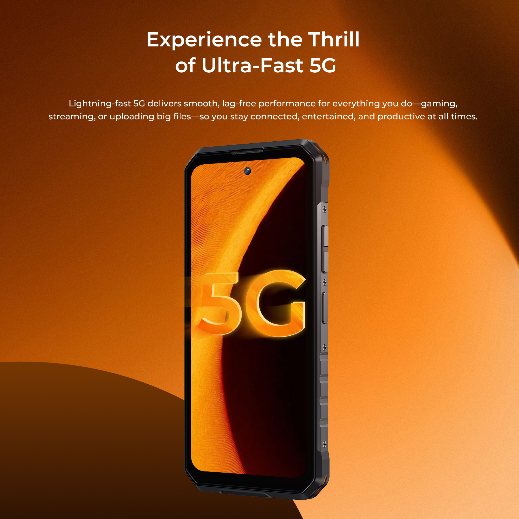 Ein Smartphone mit 5G-Logo vor orangefarbenem Hintergrund. Text beschreibt seine Funktionen.