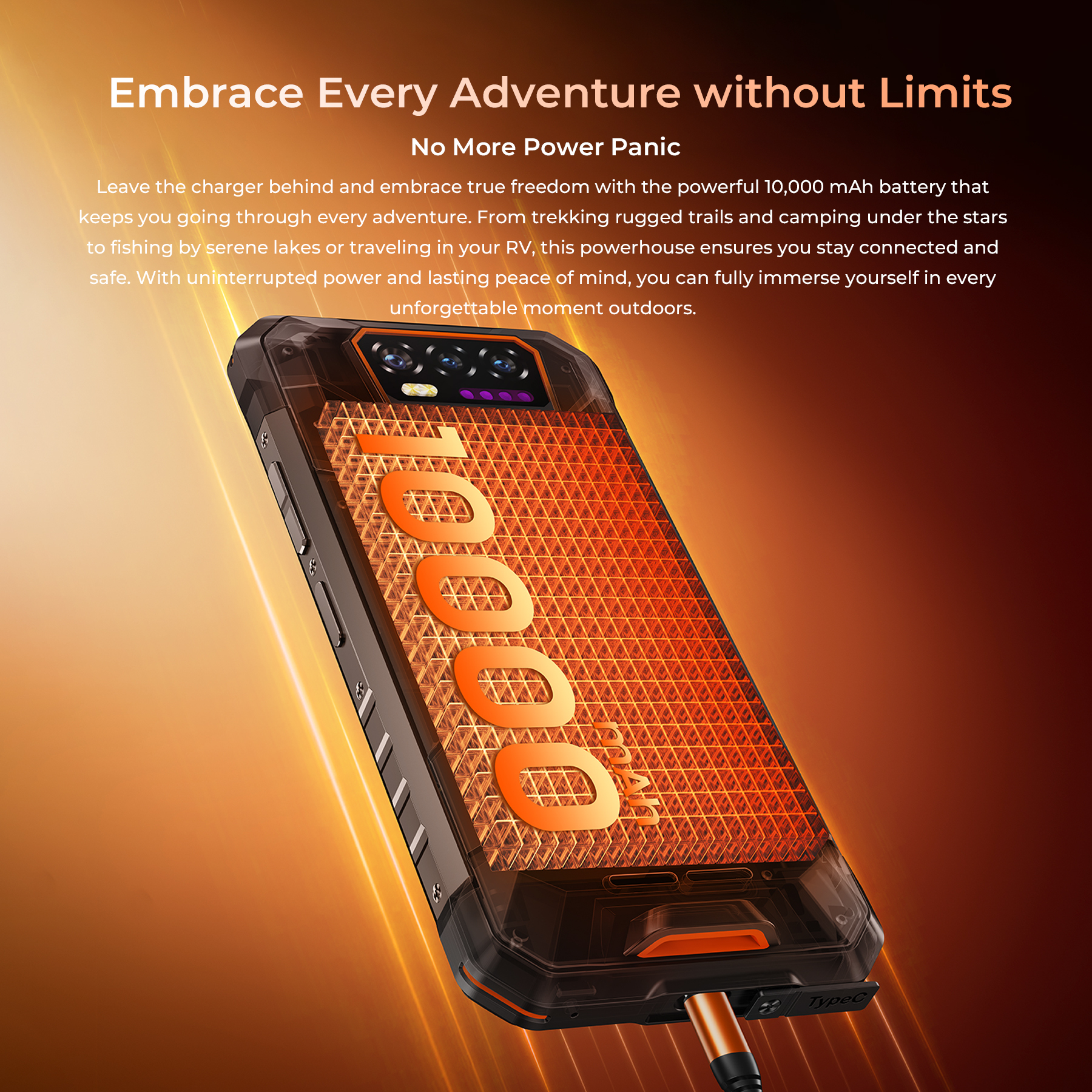 Ein robustes Telefon mit orangefarbenem Bildschirm und dem Text '10000 mAh'. Das Telefon ist schwarz und orange, mit einem Ladekabel.
