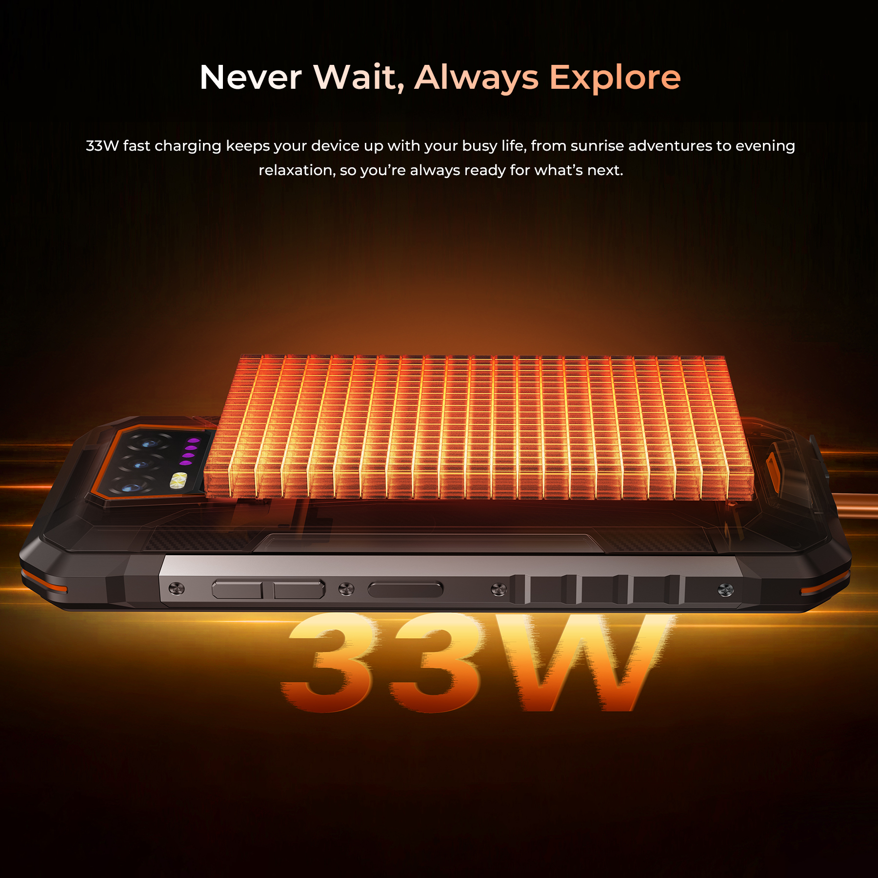 Ein Telefon mit einem leuchtend orangefarbenen Ladeelement und der Zahl 33W in Orange.