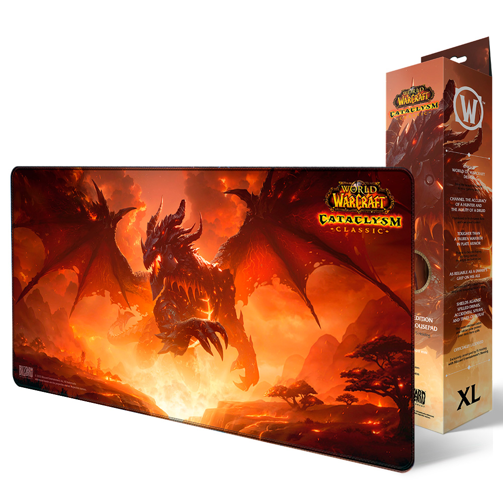 Mauspad mit einem Drachen aus World of Warcraft Cataclysm. Auf der Box ist derselbe Drache und Text zu sehen.