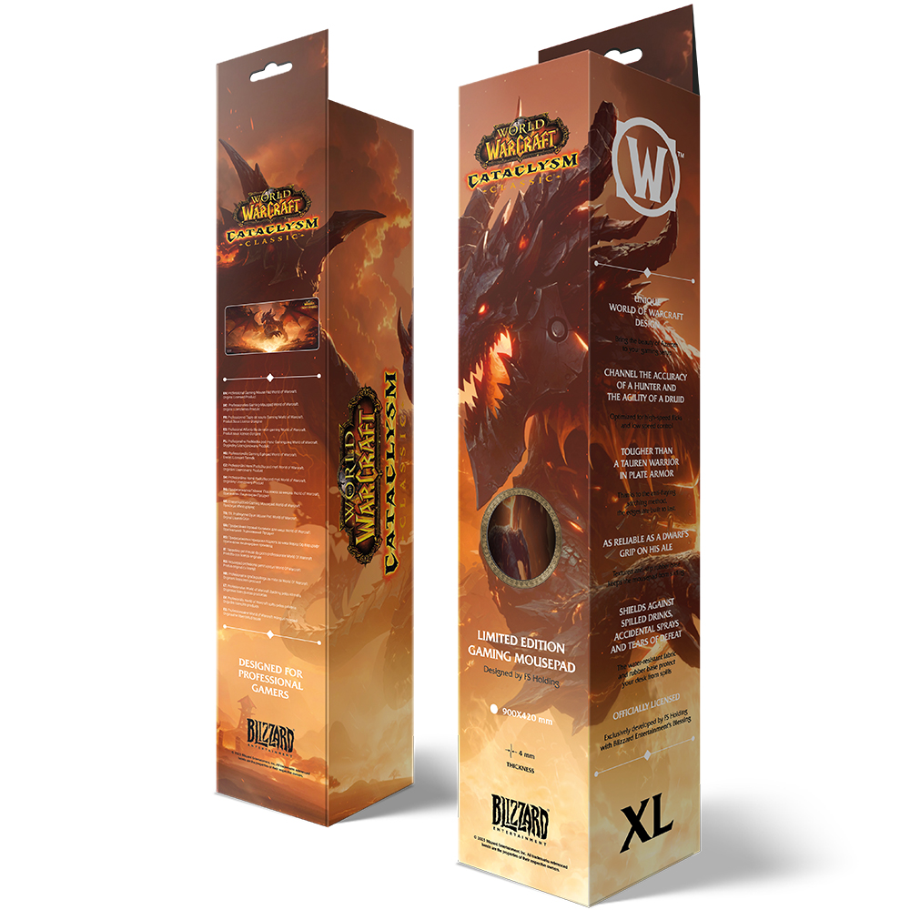 Zwei World of Warcraft Mousepad-Boxen, eine offen. Boxen zeigen Spielkunst, Logos und Funktionen.