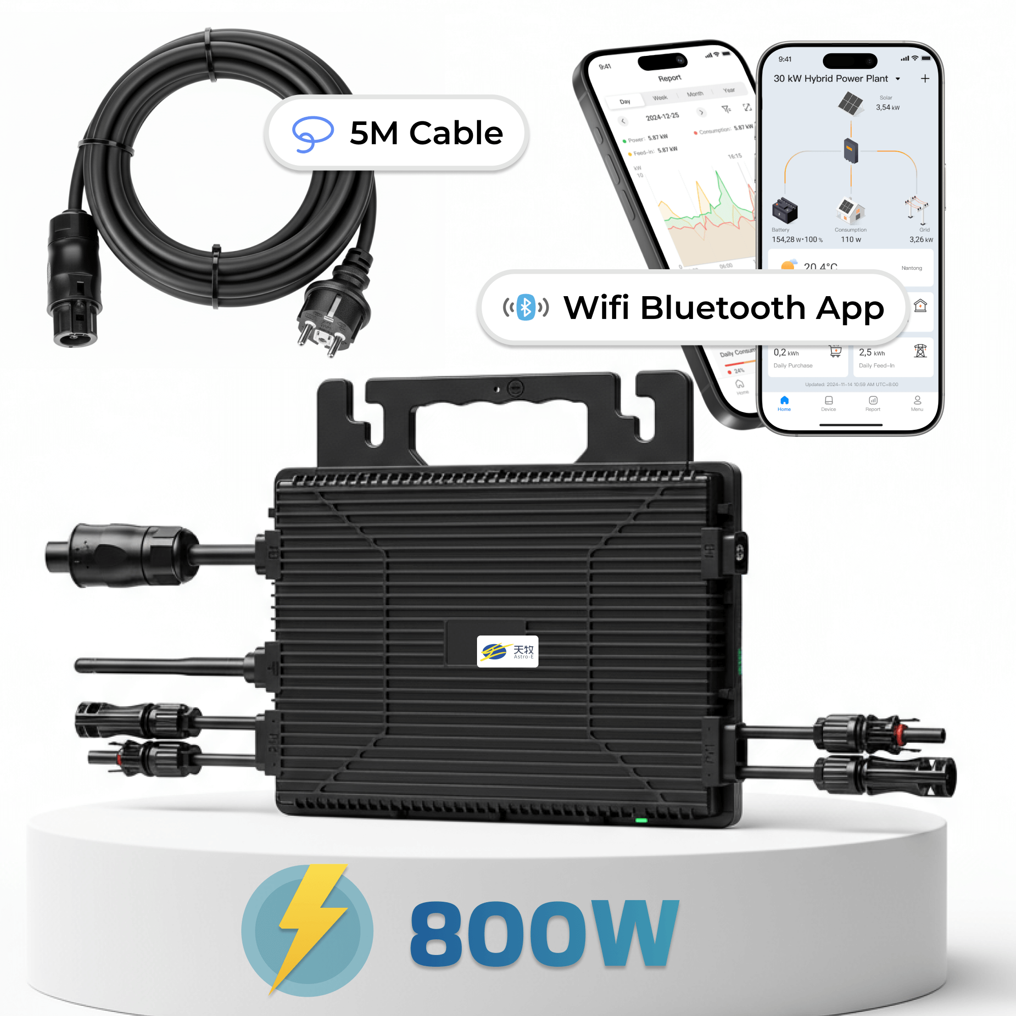 Schwarzer Wechselrichter mit Kabeln, zwei Handys mit App und 800W-Etikett.
