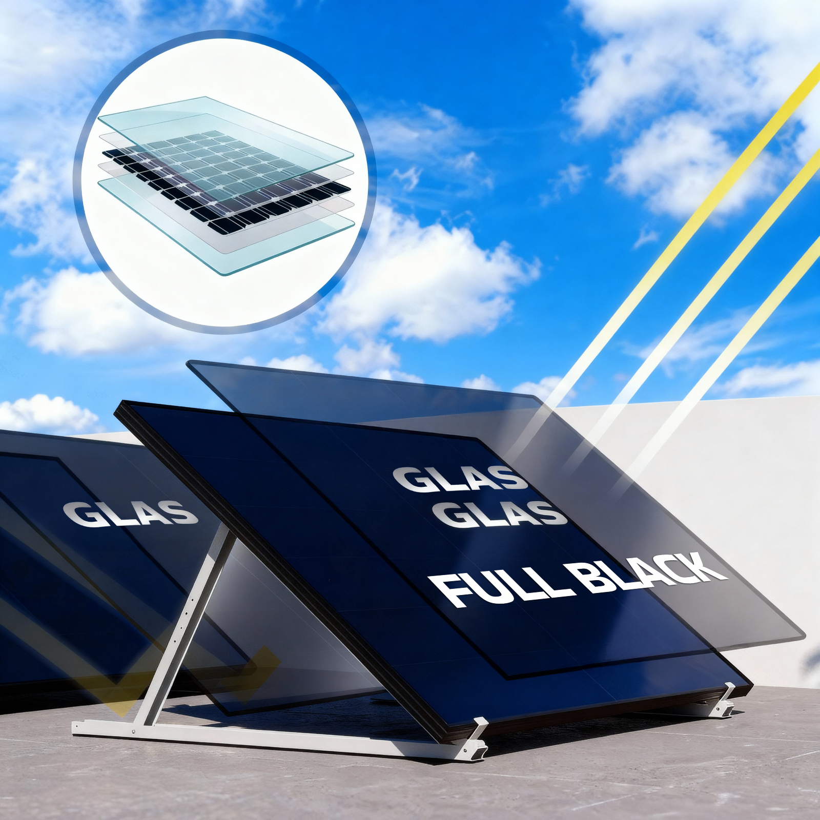 Solarpaneele mit dem Text 'GLAS FULL BLACK' auf einem Dach unter blauem Himmel mit Wolken. Ein Diagramm zeigt Paneelschichten.