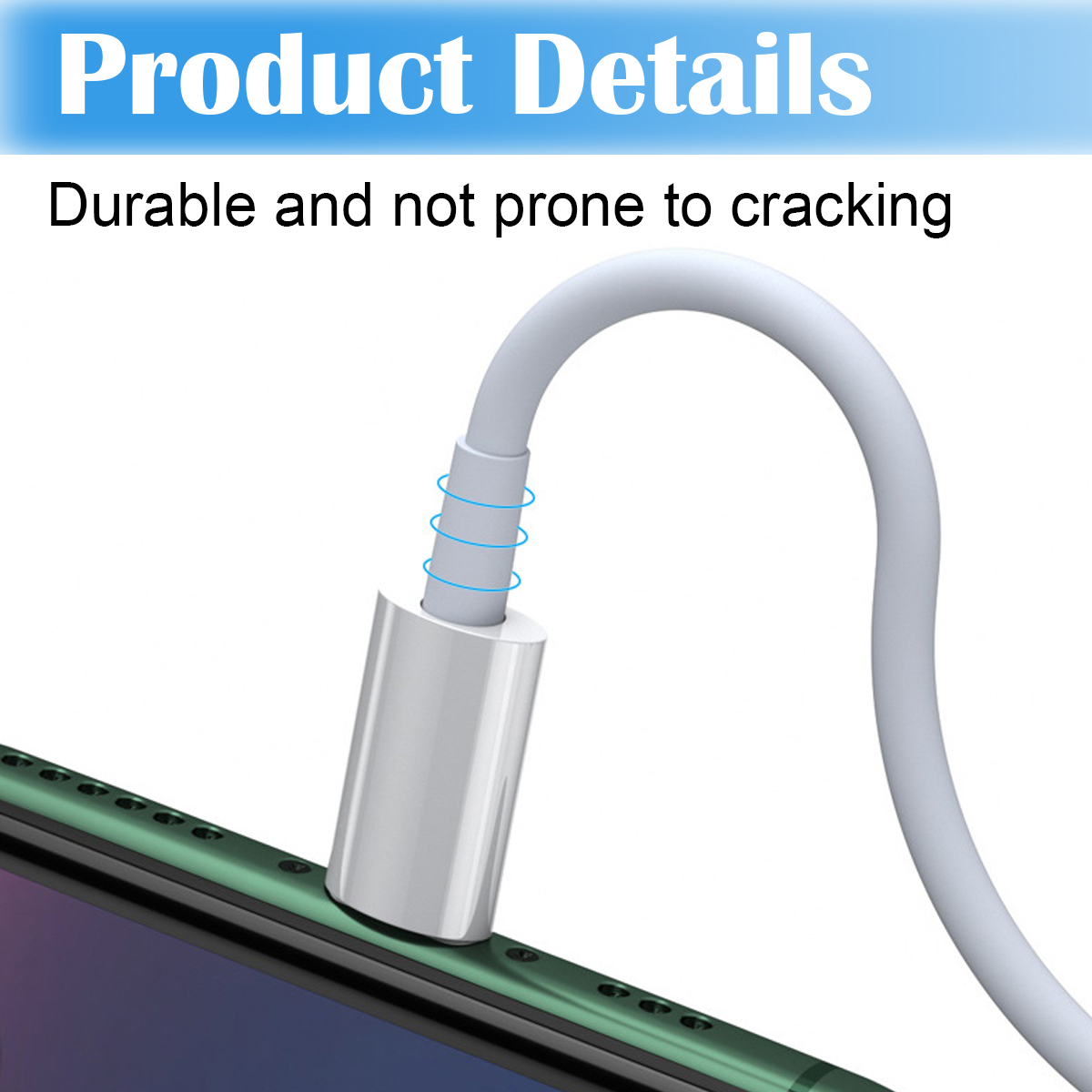 Ein weißes Ladekabel und ein Stecker sind abgebildet. Der Text lautet 'Produktdetails'. Das Kabel ist mit einem Telefon verbunden.