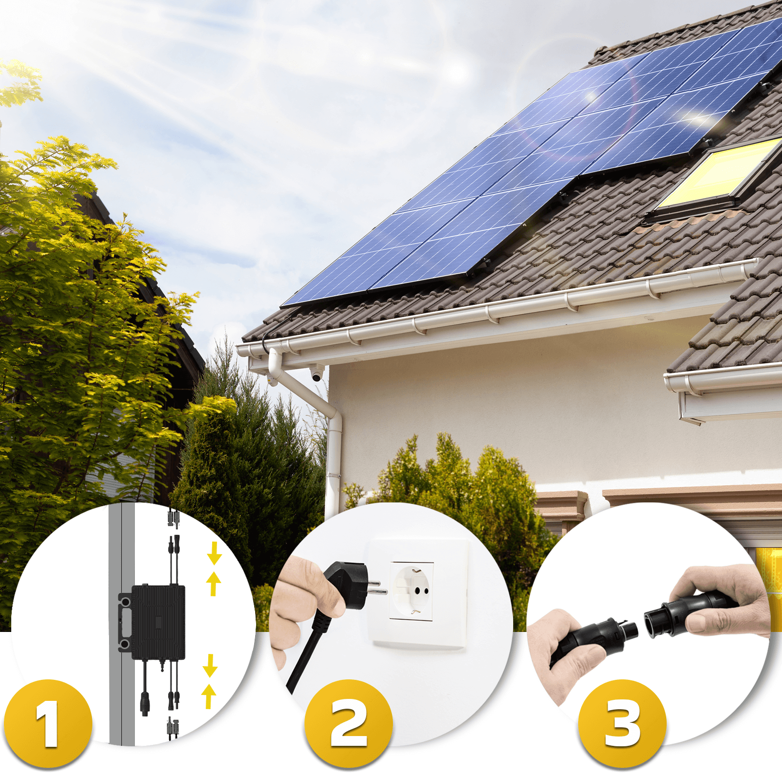 Solarpaneele auf einem Dach, mit Installationsschritten: Kabel anschließen, einstecken und schwarze Stecker verbinden.