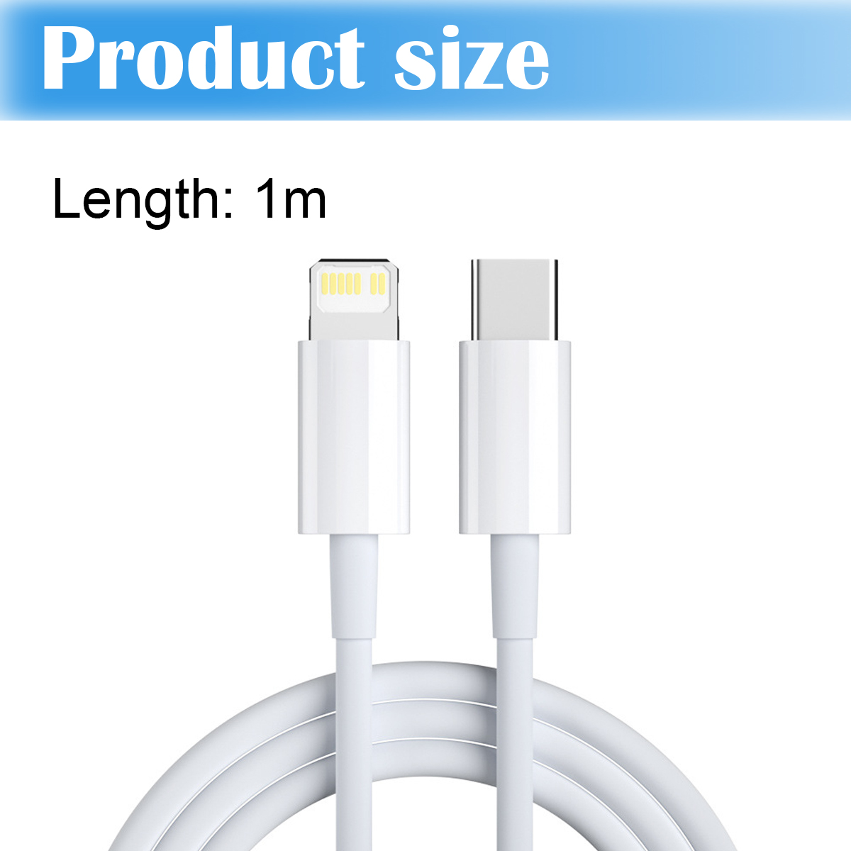 Weißes Ladekabel mit Lightning- und USB-C-Anschlüssen. Der Text oben lautet 'Produktgröße' und 'Länge: 1m'.
