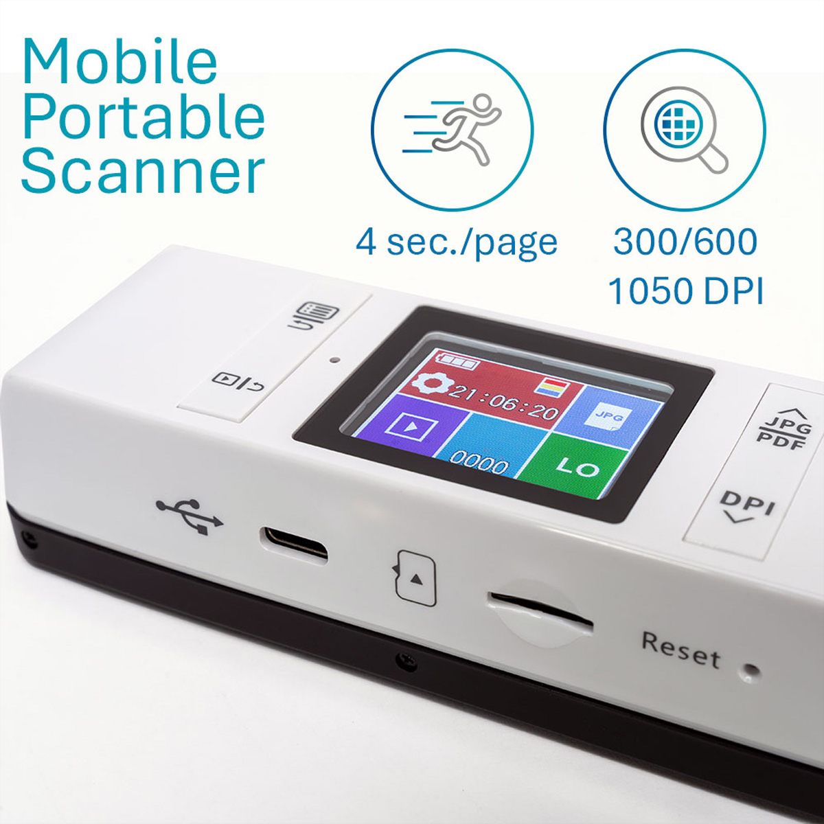 Ein weißer mobiler Scanner mit Bildschirm, der Symbole anzeigt. Text enthält 'Mobile Portable Scanner', '4 sec./page' und '300/600 1050 DPI'.