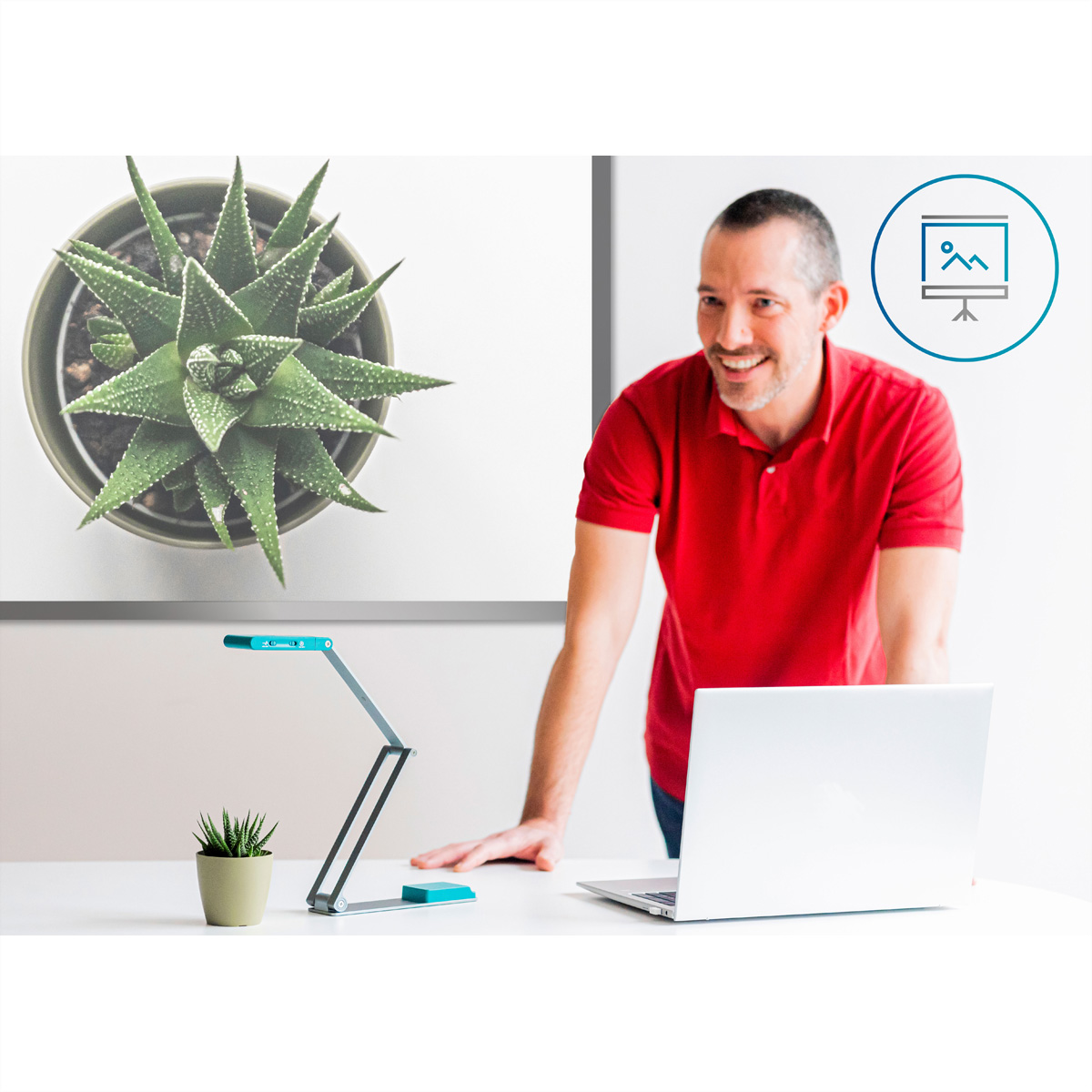 Ein Mann in rotem Hemd lächelt an einem Laptop. Eine Pflanze und eine Lampe stehen auf dem Tisch. Ein Präsentationssymbol an der Wand.