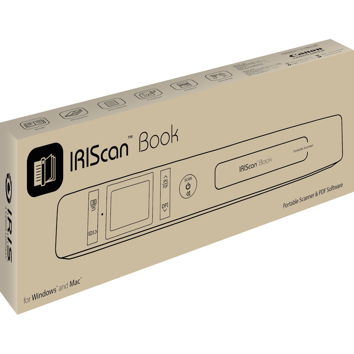 Ein beige IRIScan Book Scanner-Karton. Er zeigt den Markennamen, Produktdetails und Symbole. Die Box ist nach rechts abgewinkelt.