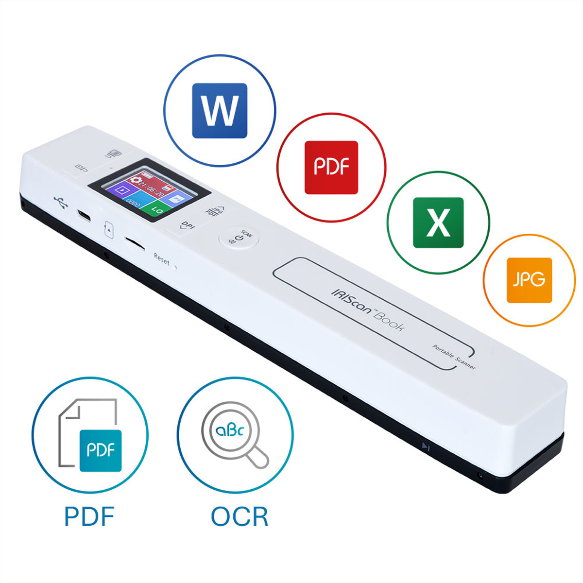 Ein weißer tragbarer Scanner mit Bildschirm und verschiedenen Format-Symbolen, darunter PDF, JPG und Word.