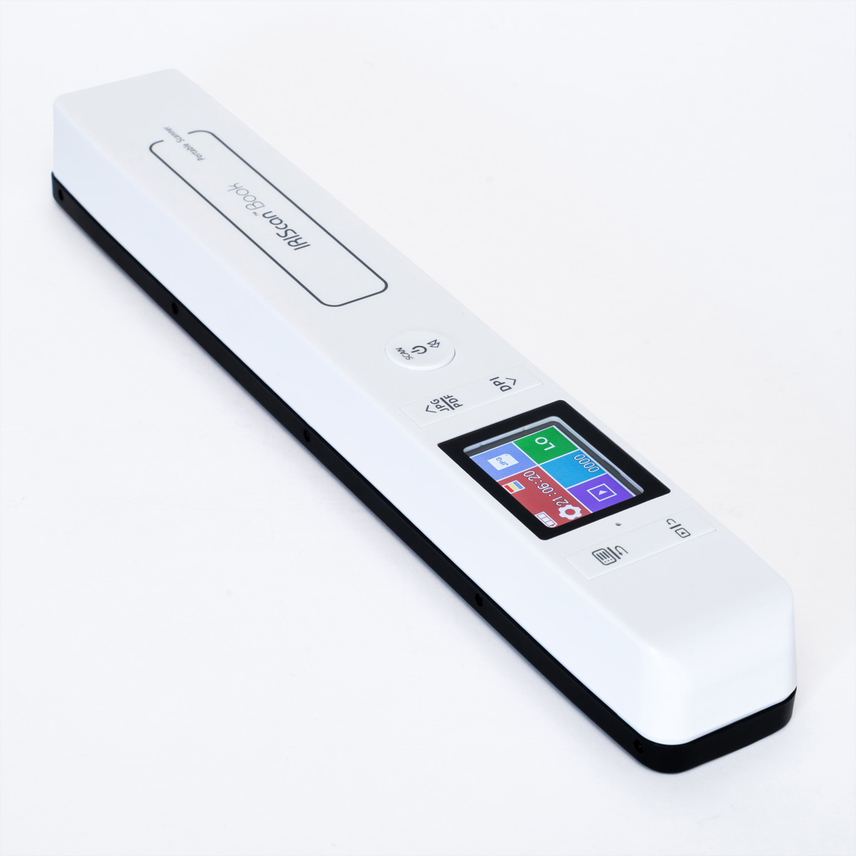 Weiß-schwarzer IRIScan Book Scanner auf weißem Hintergrund. Er hat einen kleinen Bildschirm mit farbigen Symbolen und Zahlen.