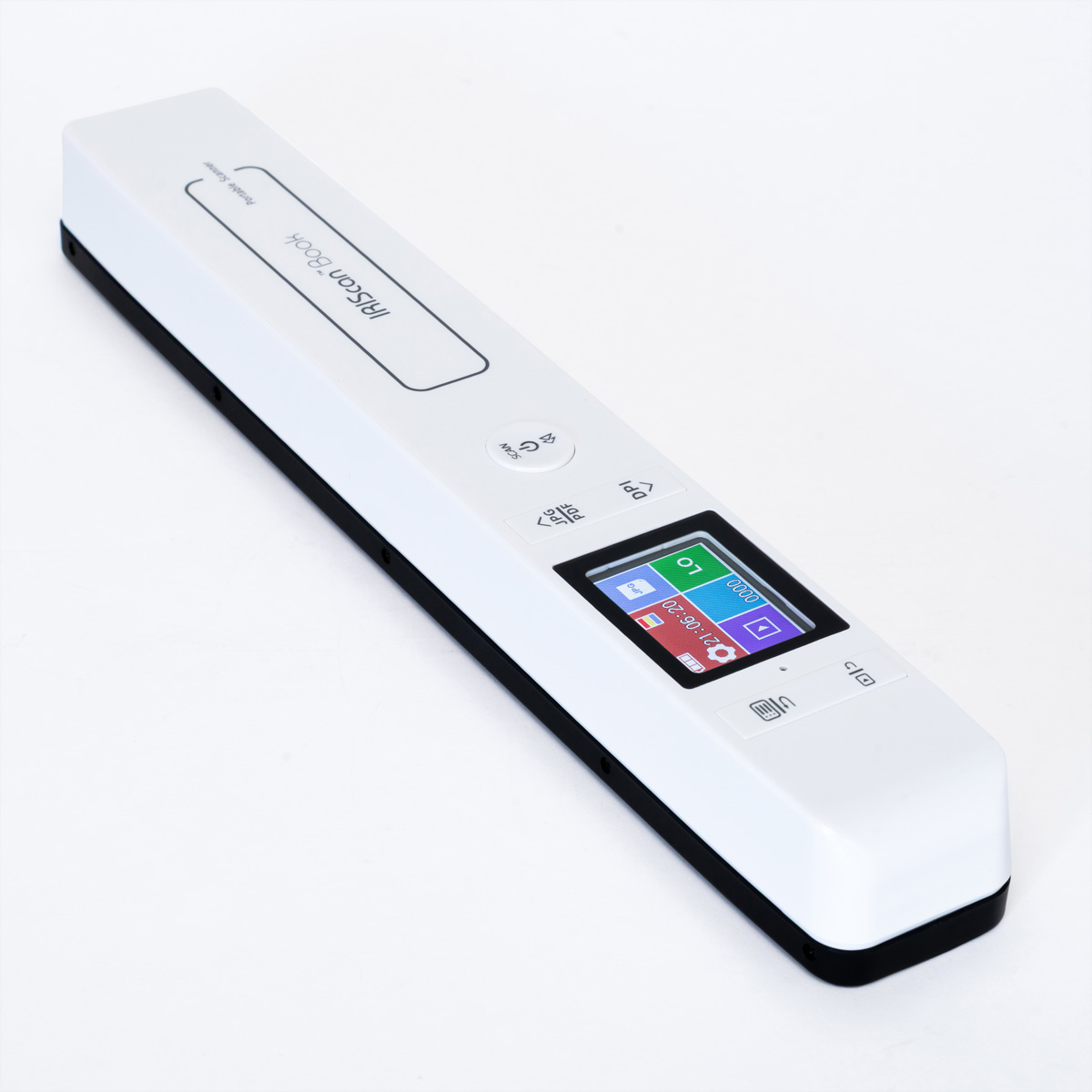 Ein weiß-schwarzer IRIScan Book Scanner. Er hat einen kleinen Bildschirm mit Symbolen. Tasten sind Scannen, DPI und PDF.