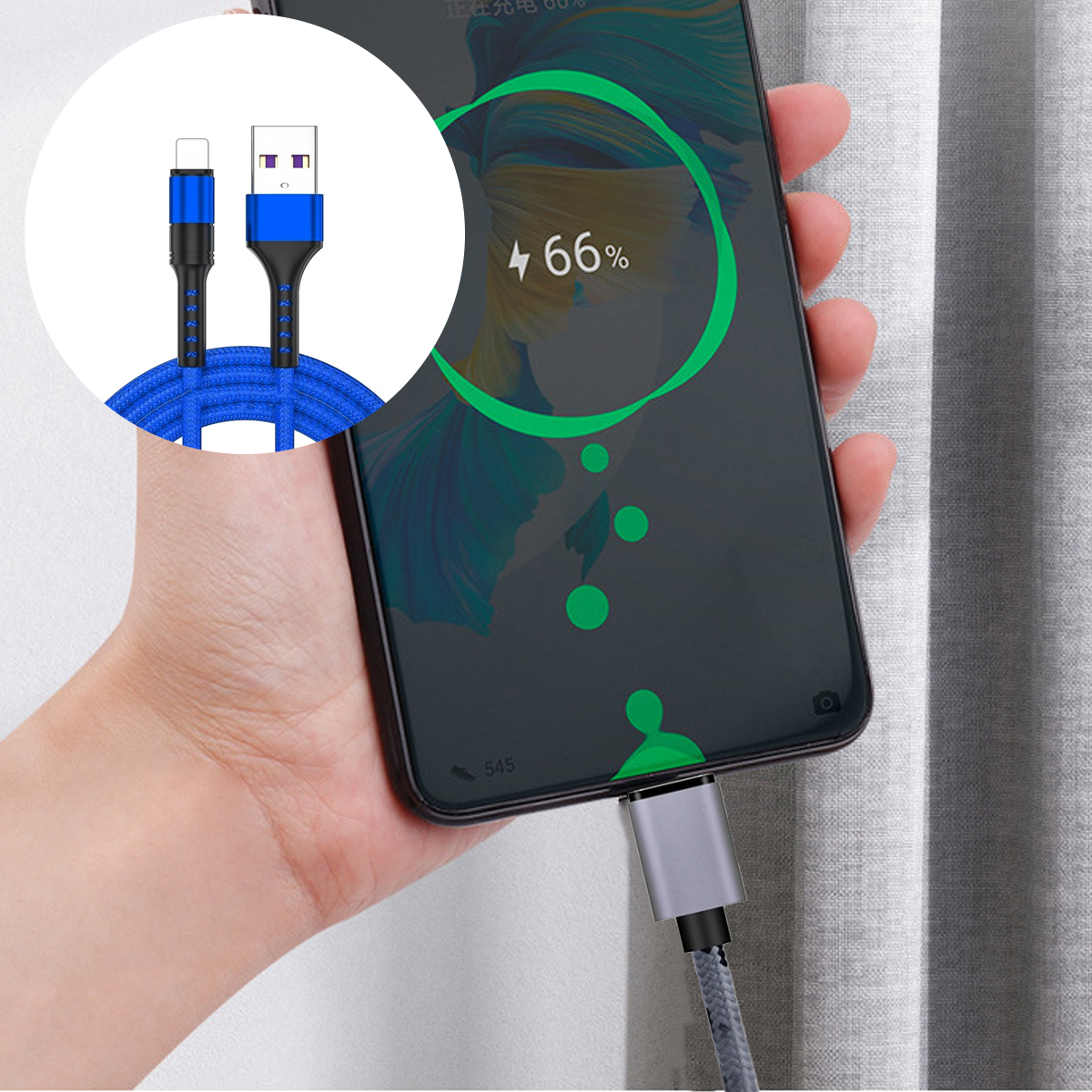 Ein Telefon wird mit einem blauen Kabel aufgeladen. Das Telefon zeigt 66 % geladen an. Eine Nahaufnahme des Kabels befindet sich in einem Kreis.