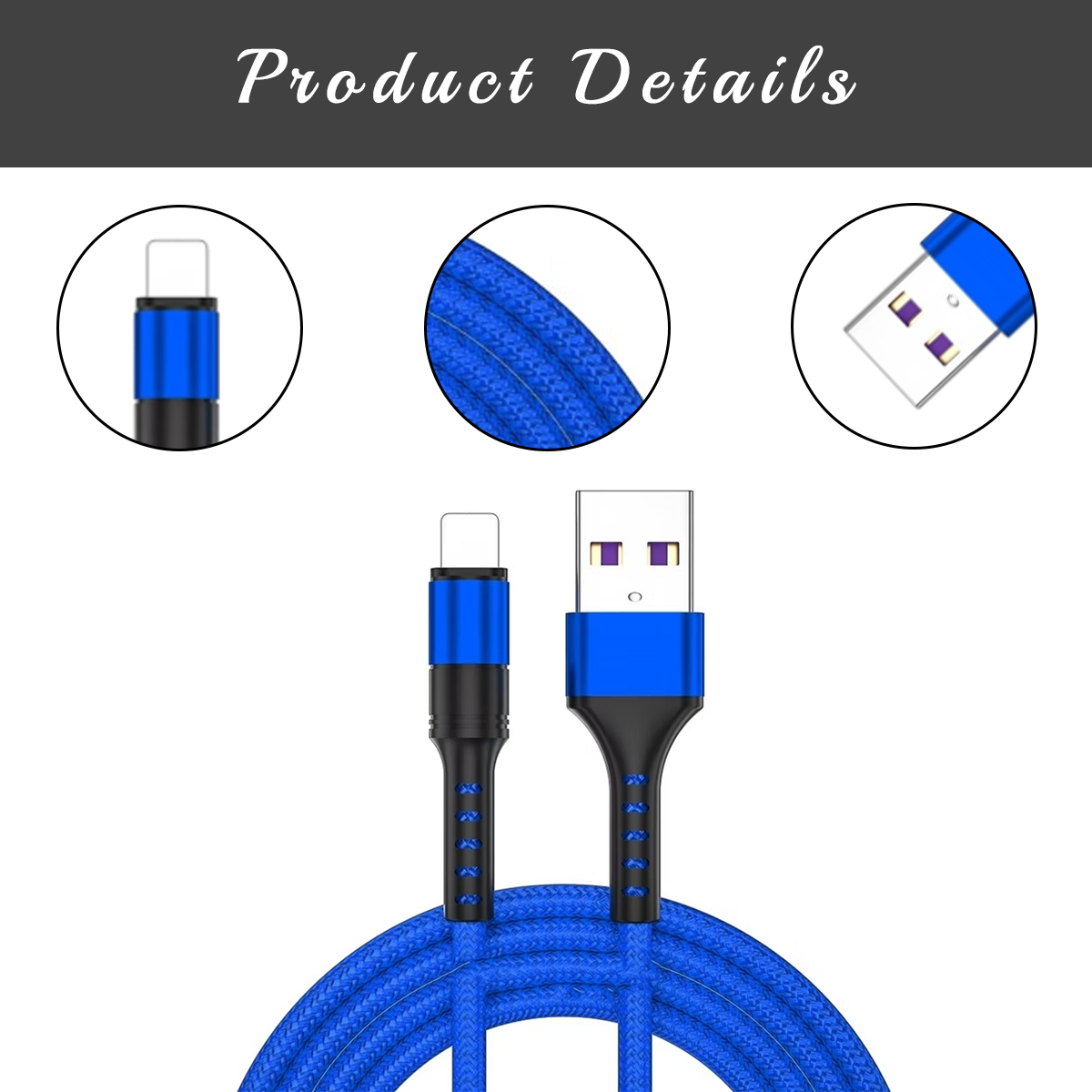Das Bild zeigt ein blaues USB-Ladekabel mit Nahaufnahmen der Anschlüsse und des geflochtenen Kabels. Der Hintergrund ist weiß.
