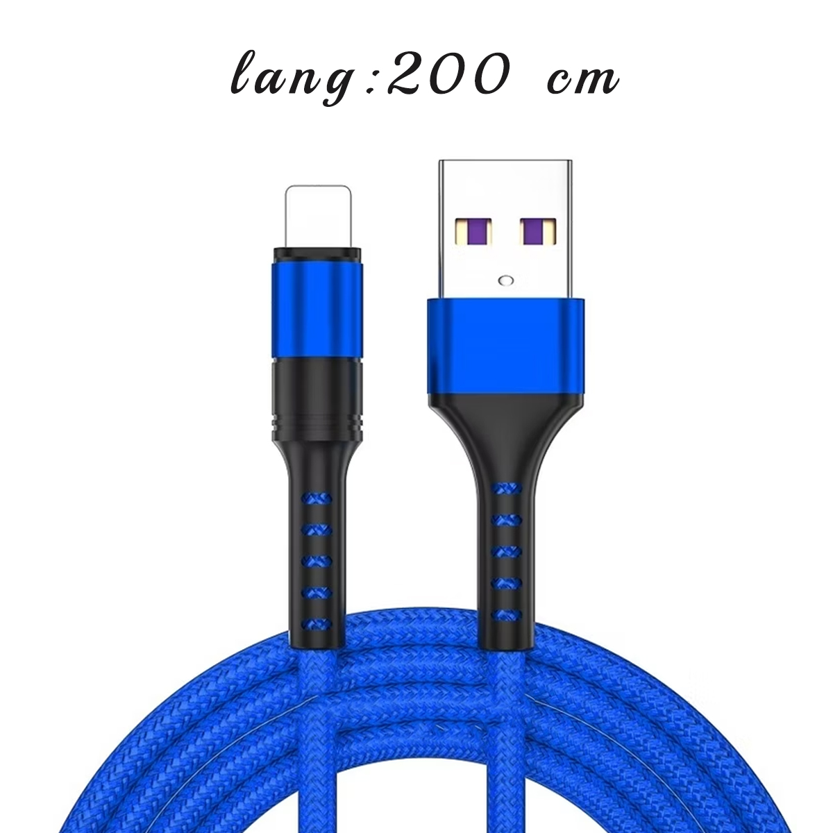 Blau-schwarzes USB-Ladekabel mit weißem Hintergrund. Oben steht der Text 'lang:200 cm'. Das Kabel ist aufgerollt.