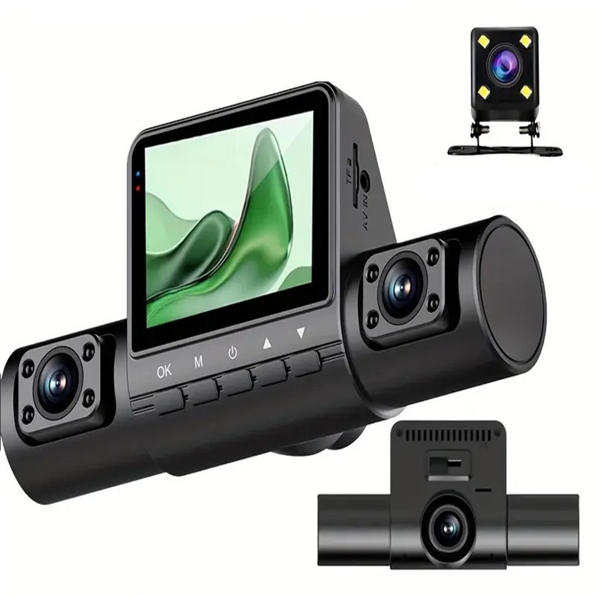 Eine schwarze Auto-Dashcam mit einem Bildschirm, der ein grünes Design zeigt, mit zusätzlichen Kameras und einer Rückfahrkamera.